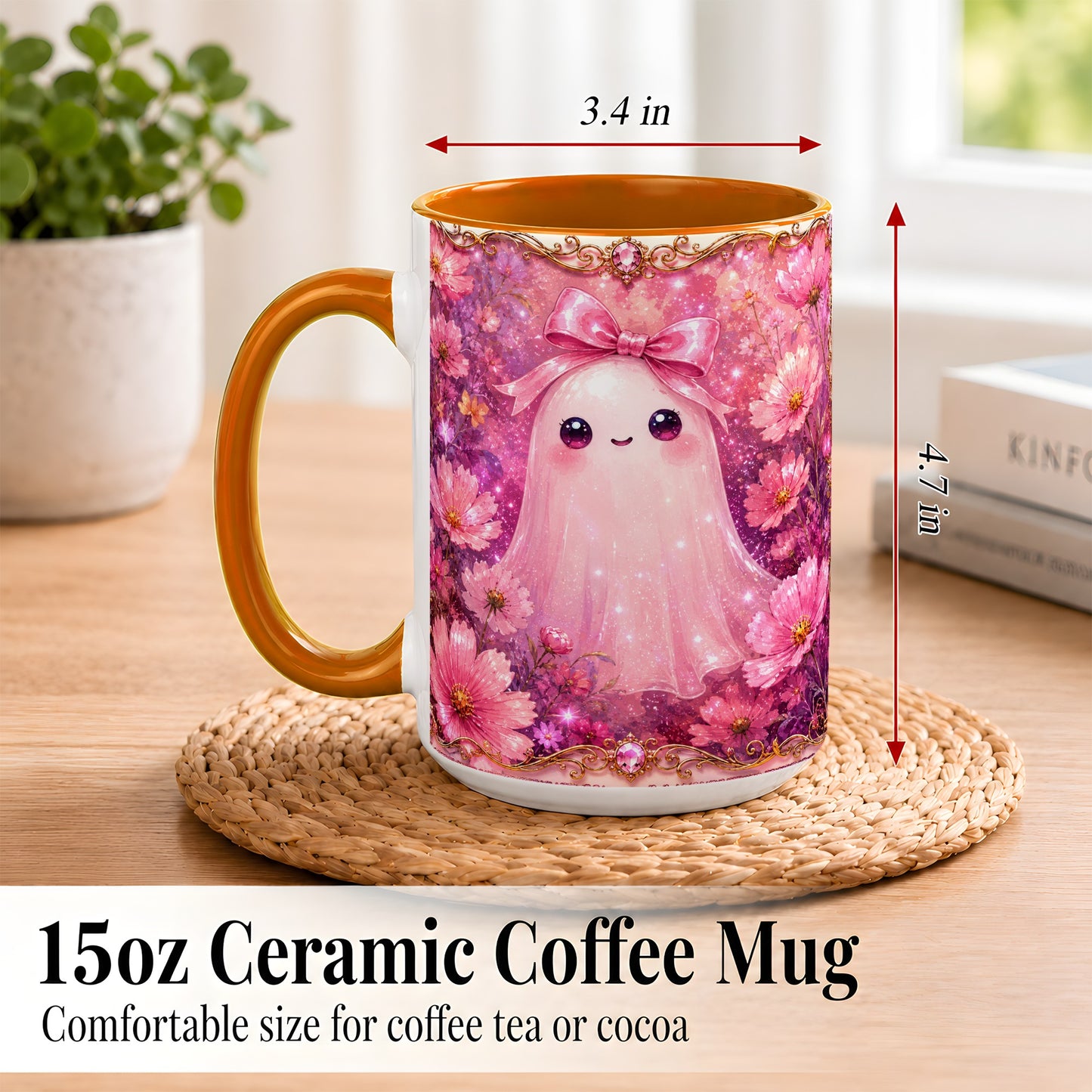 #pl[15oz|Orange] Pink Ghost Coffee Mug, Floral Bow Mug, Ceramic Cup with Cosmos Art