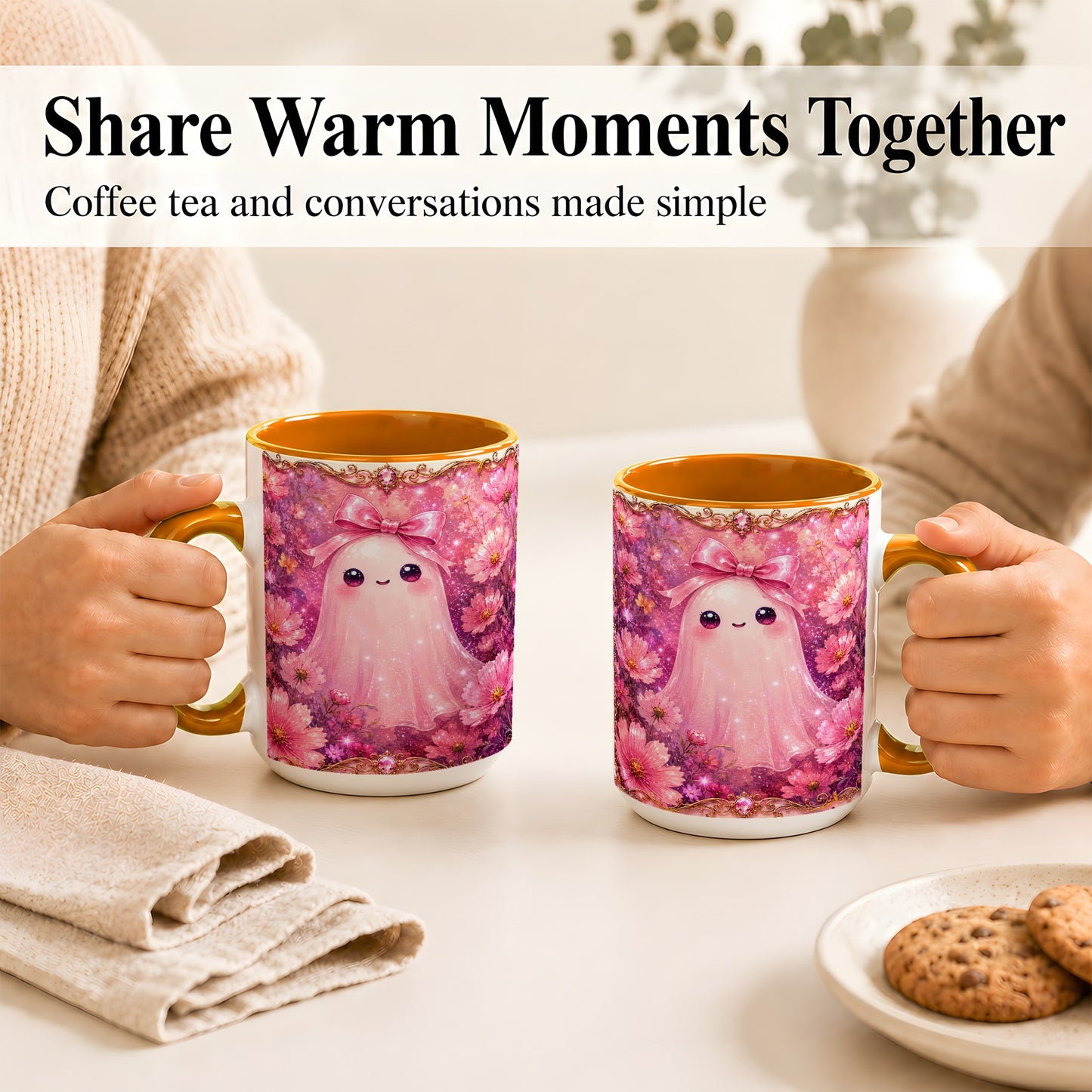 #pl[15oz|Orange] Pink Ghost Coffee Mug, Floral Bow Mug, Ceramic Cup with Cosmos Art