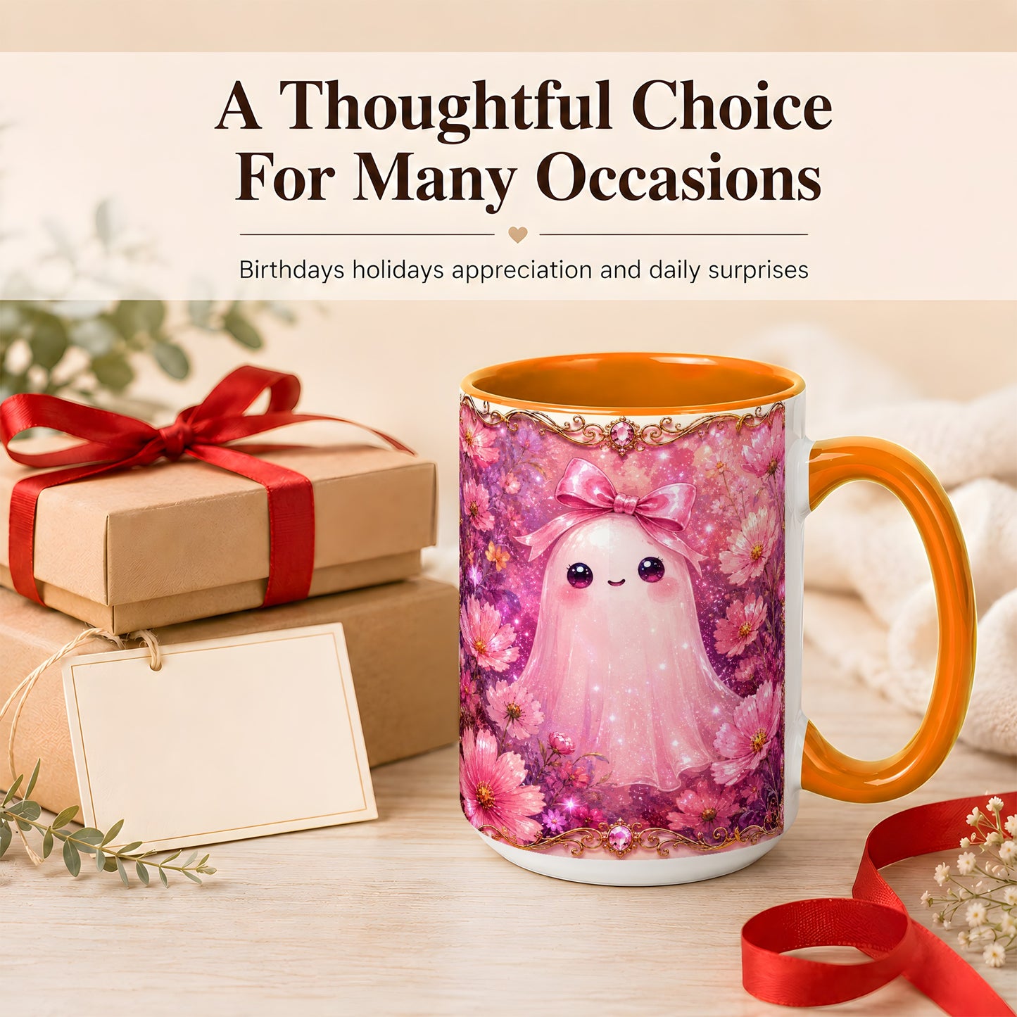 #pl[15oz|Orange] Pink Ghost Coffee Mug, Floral Bow Mug, Ceramic Cup with Cosmos Art