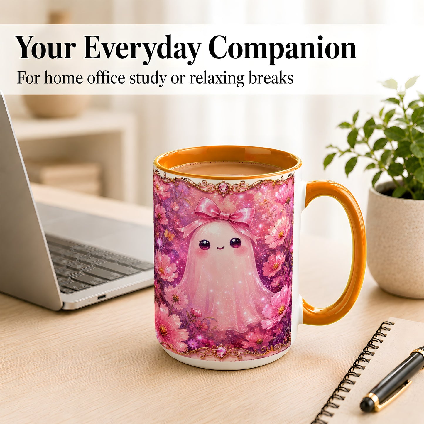 #pl[15oz|Orange] Pink Ghost Coffee Mug, Floral Bow Mug, Ceramic Cup with Cosmos Art