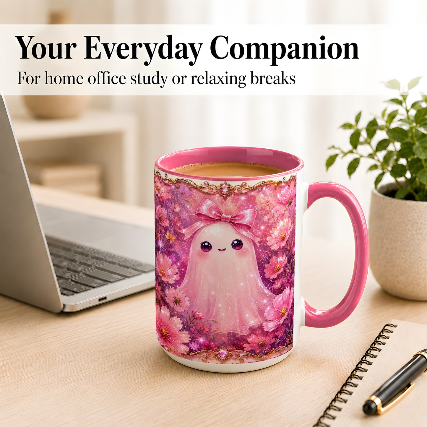 #pl[15oz|Pink] Pink Ghost Coffee Mug, Floral Bow Mug, Ceramic Cup with Cosmos Art