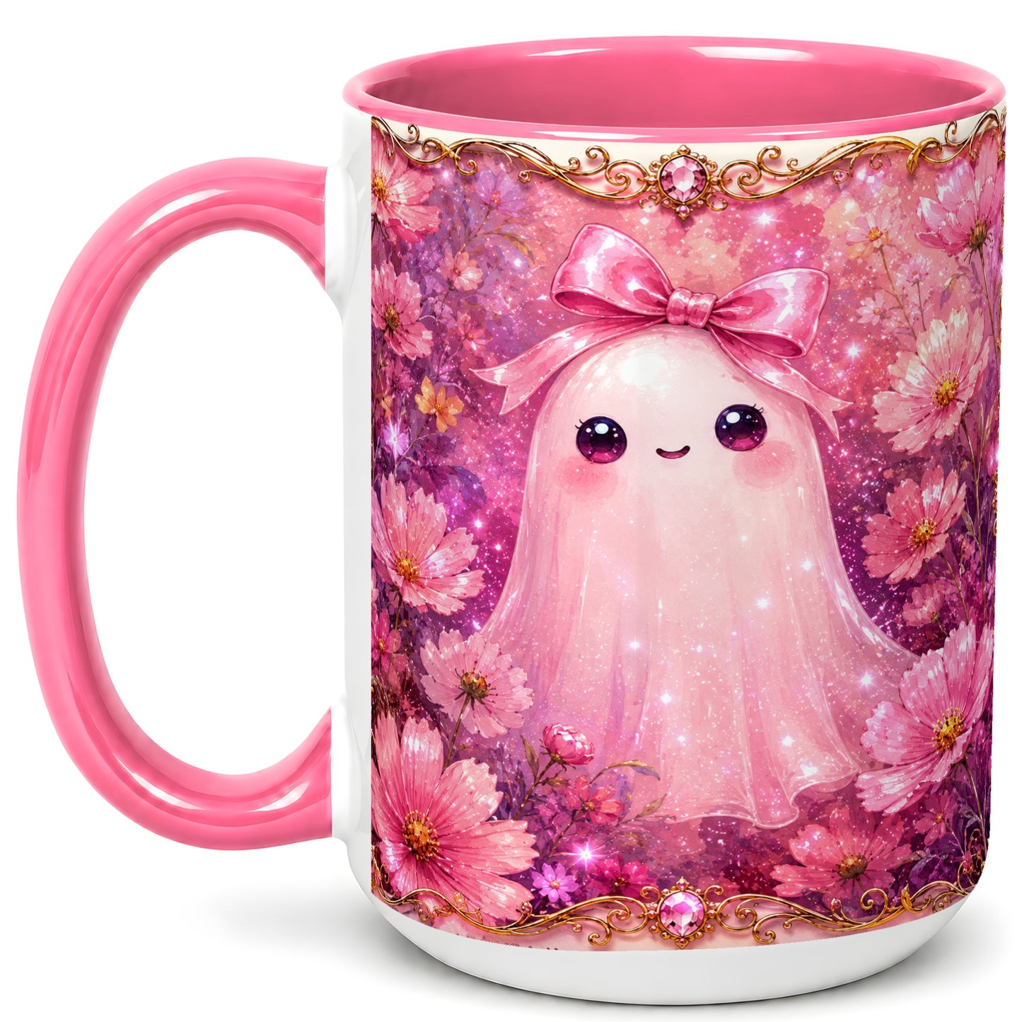 #pl[15oz|Pink] Pink Ghost Coffee Mug, Floral Bow Mug, Ceramic Cup with Cosmos Art