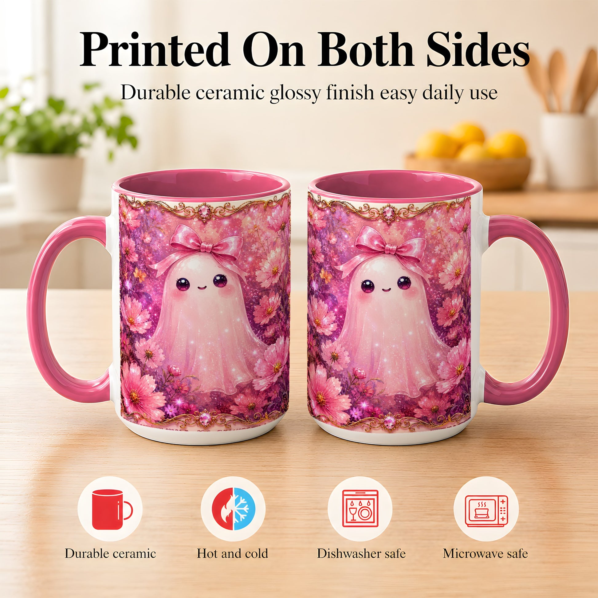 #pl[15oz|Pink] Pink Ghost Coffee Mug, Floral Bow Mug, Ceramic Cup with Cosmos Art