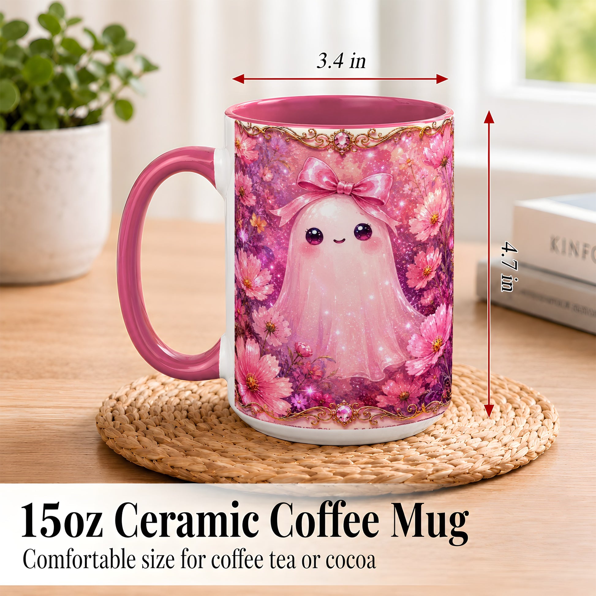 #pl[15oz|Pink] Pink Ghost Coffee Mug, Floral Bow Mug, Ceramic Cup with Cosmos Art