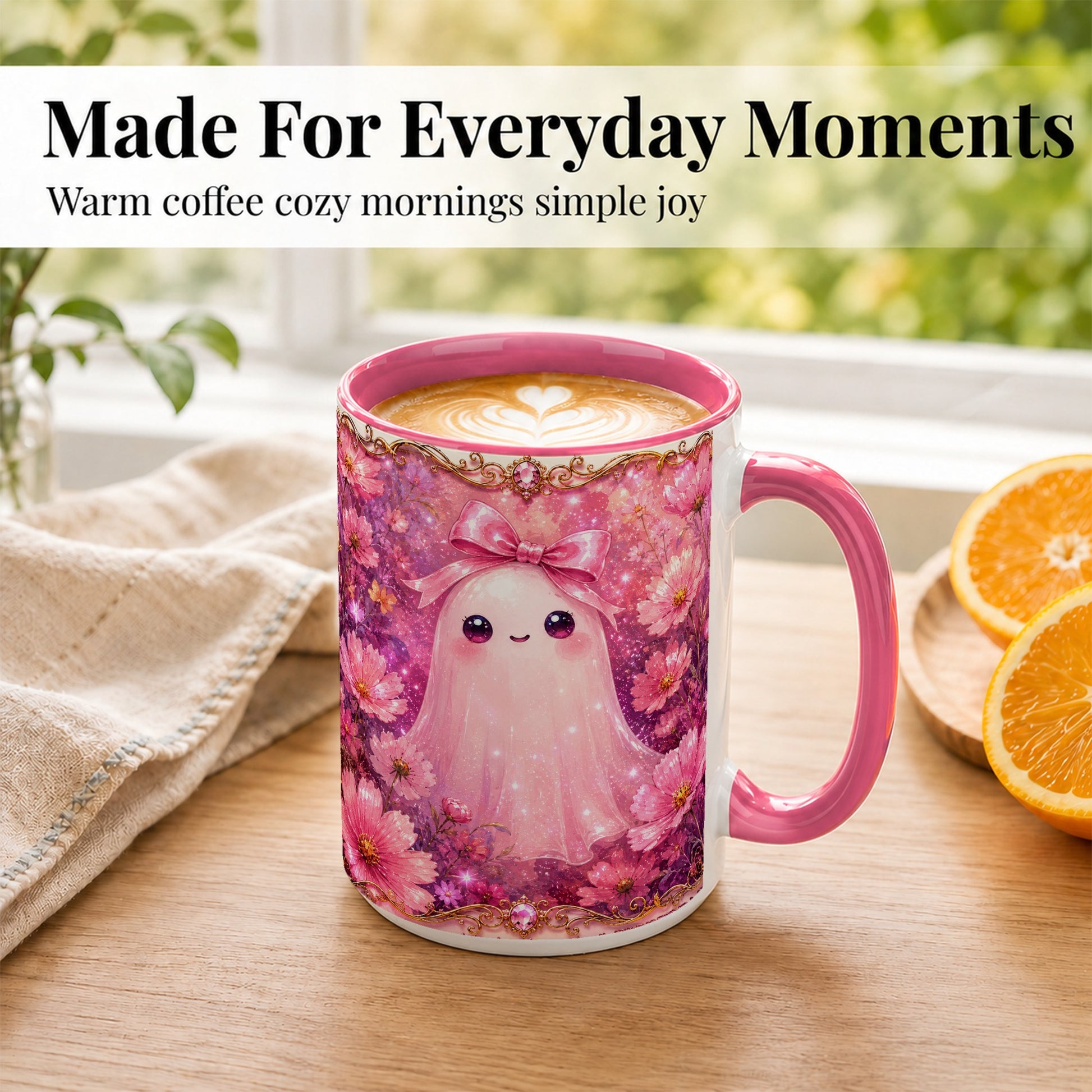 #pl[15oz|Pink] Pink Ghost Coffee Mug, Floral Bow Mug, Ceramic Cup with Cosmos Art