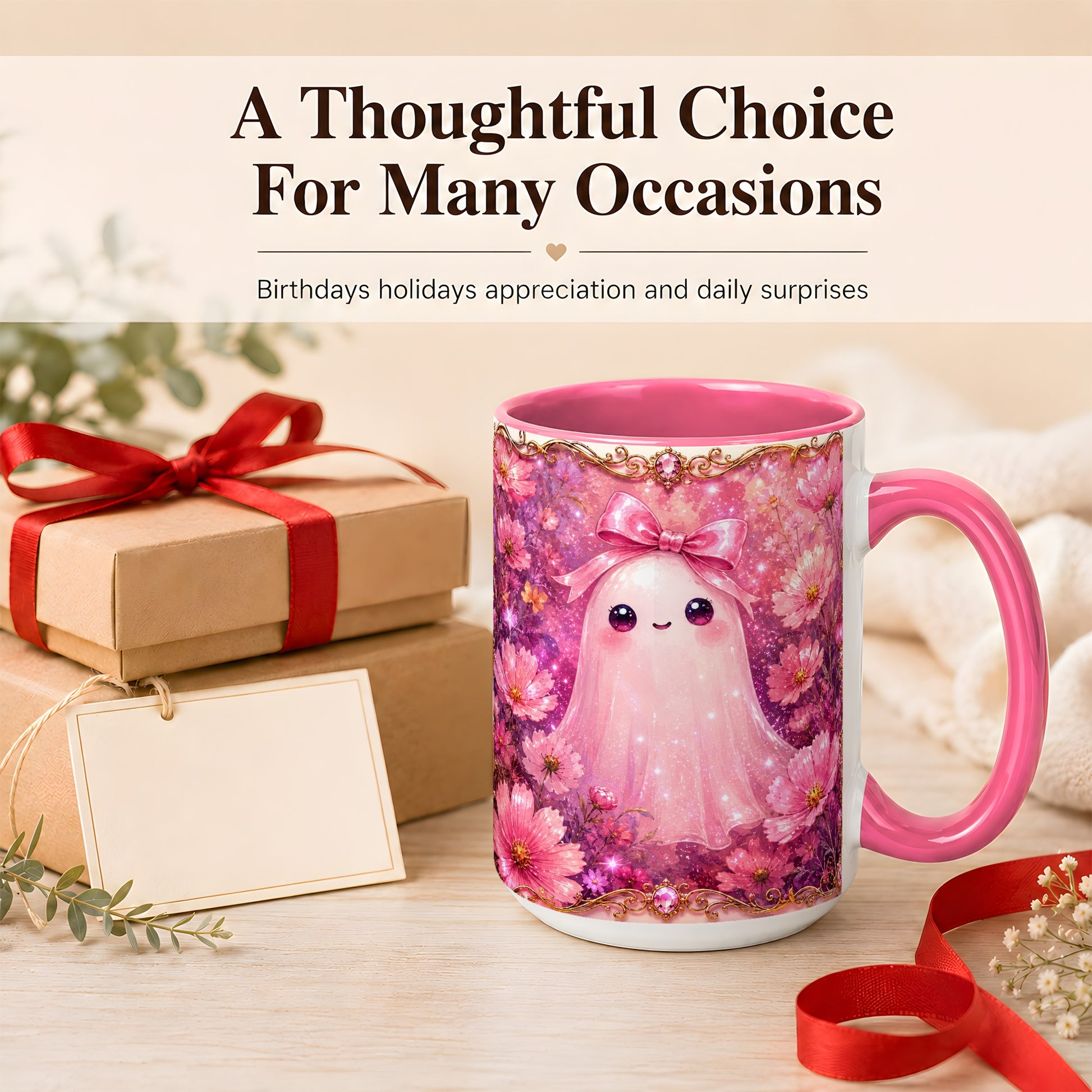 #pl[15oz|Pink] Pink Ghost Coffee Mug, Floral Bow Mug, Ceramic Cup with Cosmos Art