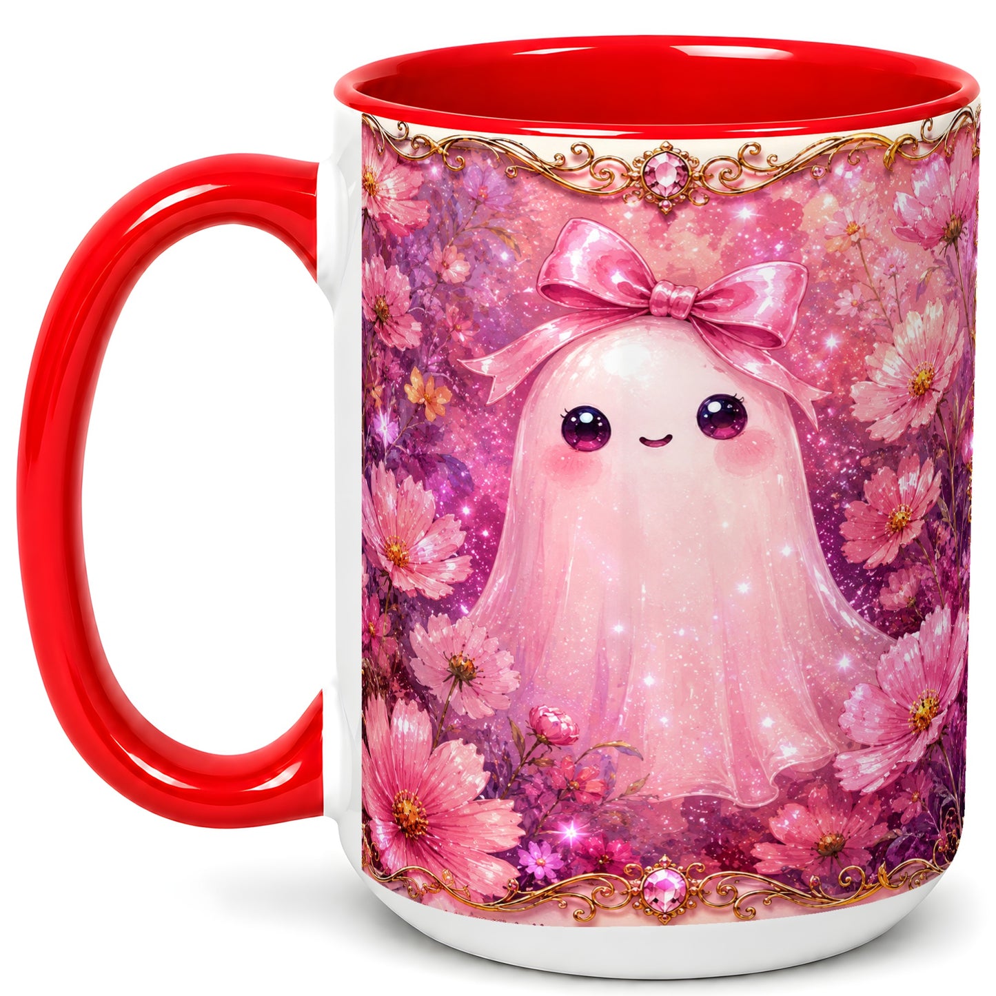 #pl[15oz|Red] Pink Ghost Coffee Mug, Floral Bow Mug, Ceramic Cup with Cosmos Art