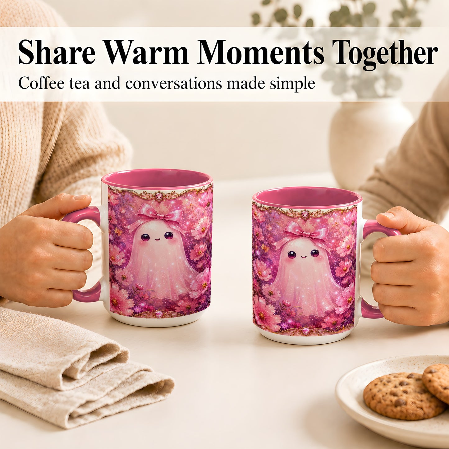 #pl[15oz|Pink] Pink Ghost Coffee Mug, Floral Bow Mug, Ceramic Cup with Cosmos Art