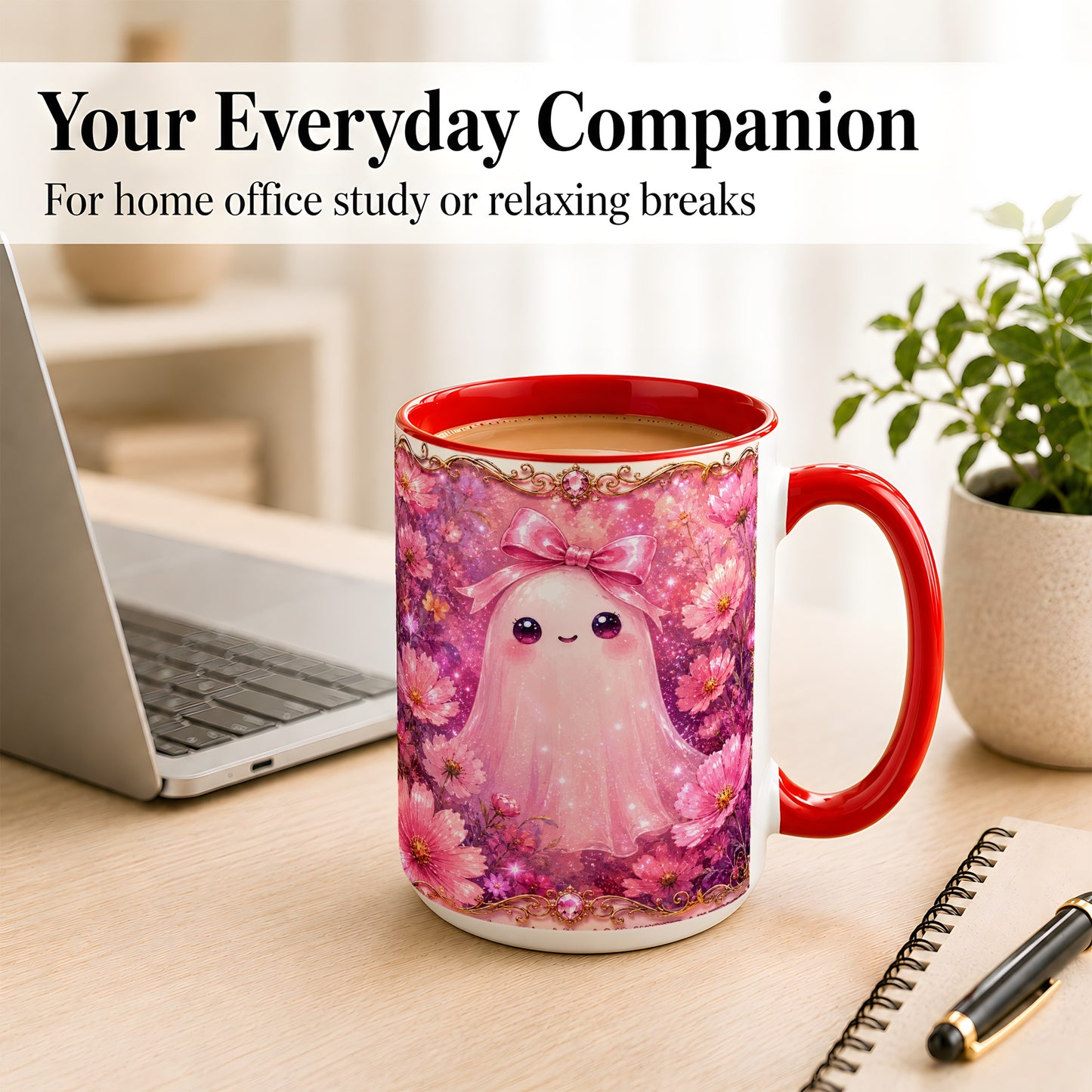 #pl[15oz|Red] Pink Ghost Coffee Mug, Floral Bow Mug, Ceramic Cup with Cosmos Art