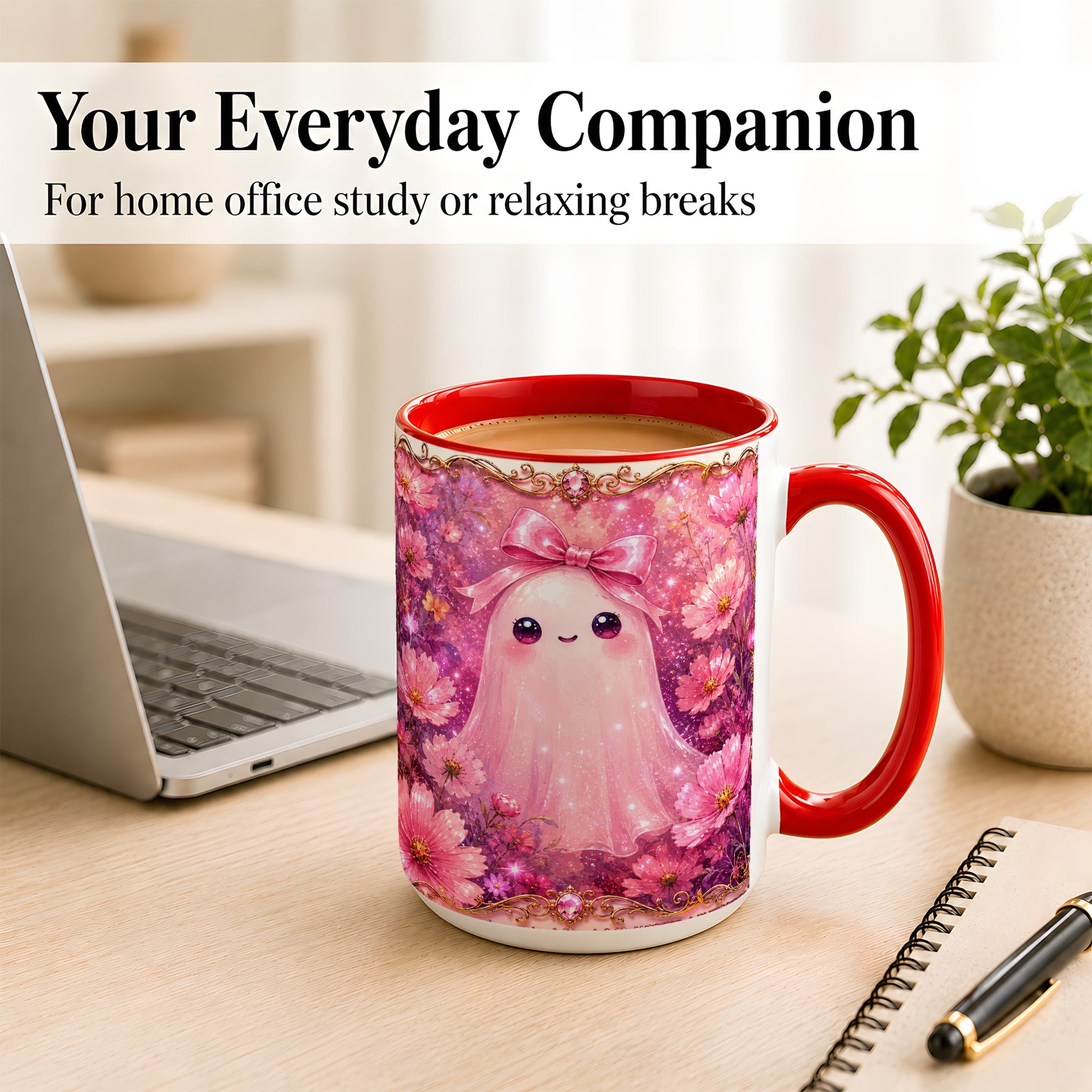 #pl[15oz|Red] Pink Ghost Coffee Mug, Floral Bow Mug, Ceramic Cup with Cosmos Art