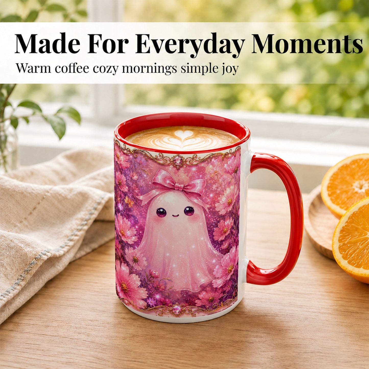 #pl[15oz|Red] Pink Ghost Coffee Mug, Floral Bow Mug, Ceramic Cup with Cosmos Art