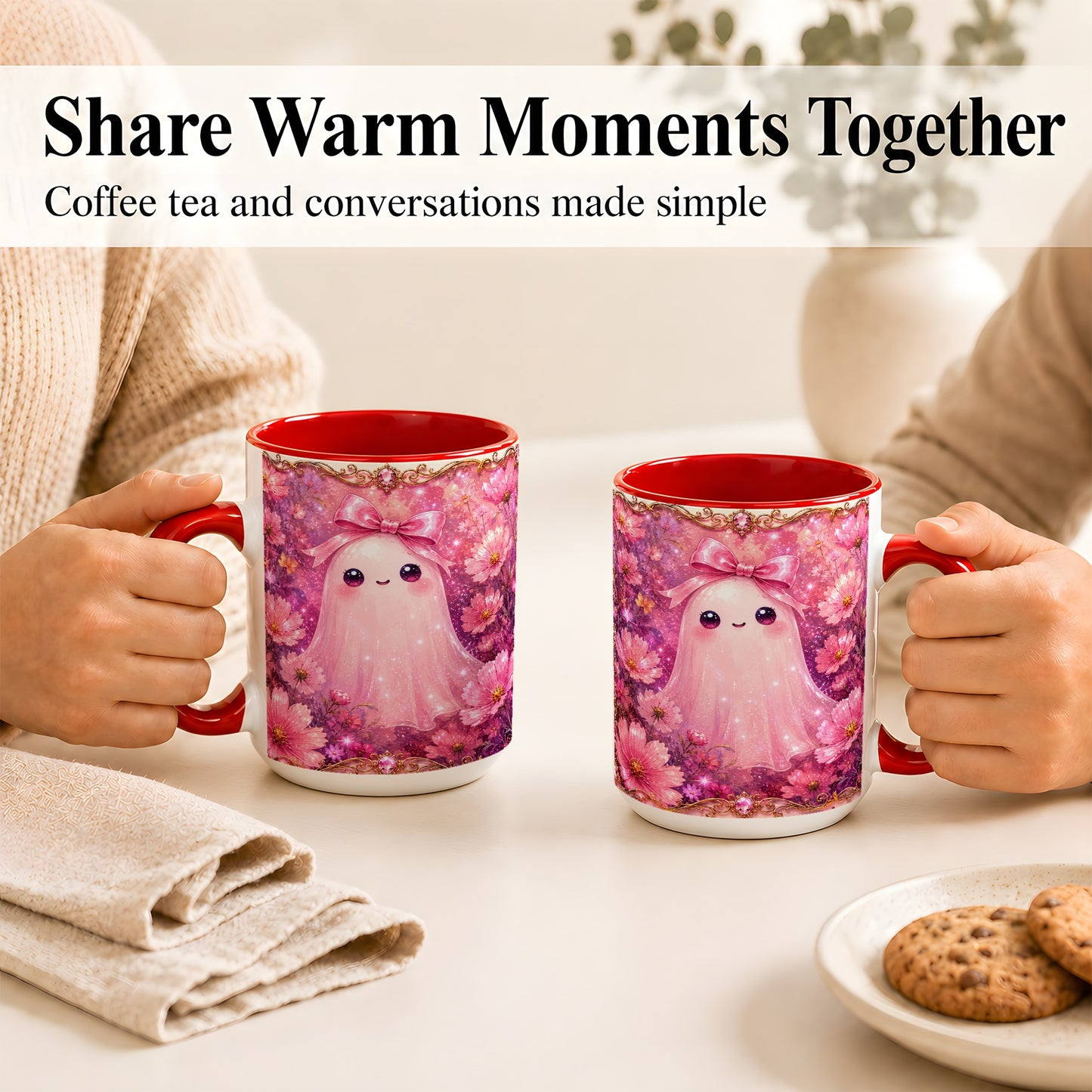 #pl[15oz|Red] Pink Ghost Coffee Mug, Floral Bow Mug, Ceramic Cup with Cosmos Art
