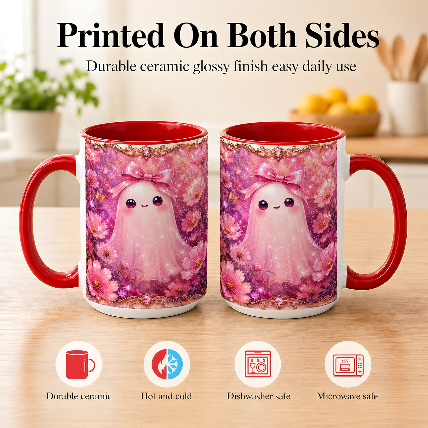#pl[15oz|Red] Pink Ghost Coffee Mug, Floral Bow Mug, Ceramic Cup with Cosmos Art