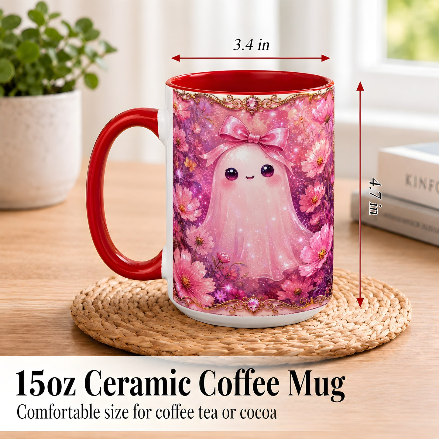 #pl[15oz|Red] Pink Ghost Coffee Mug, Floral Bow Mug, Ceramic Cup with Cosmos Art