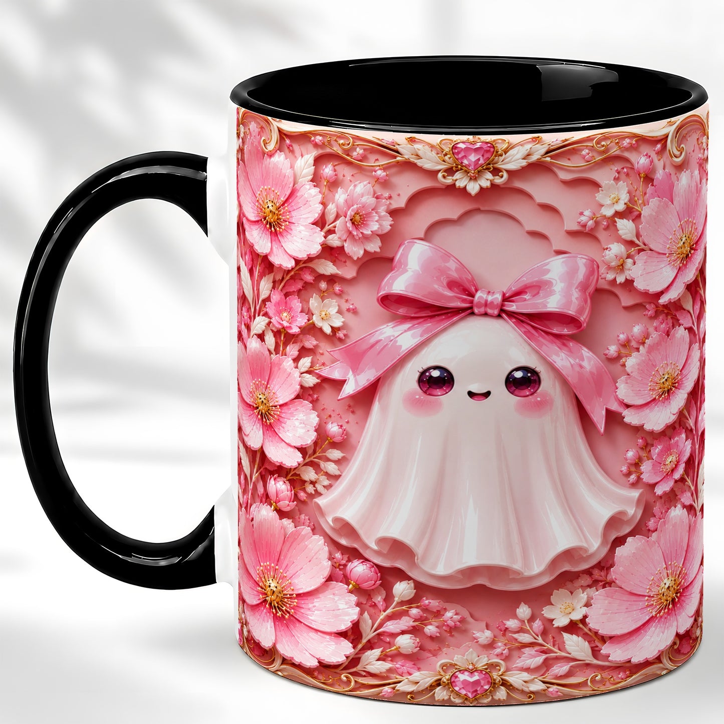#pl[11oz|Black] Pink Ghost Coffee Mug, Floral Bow Mug, Ceramic Cup with Garden Art