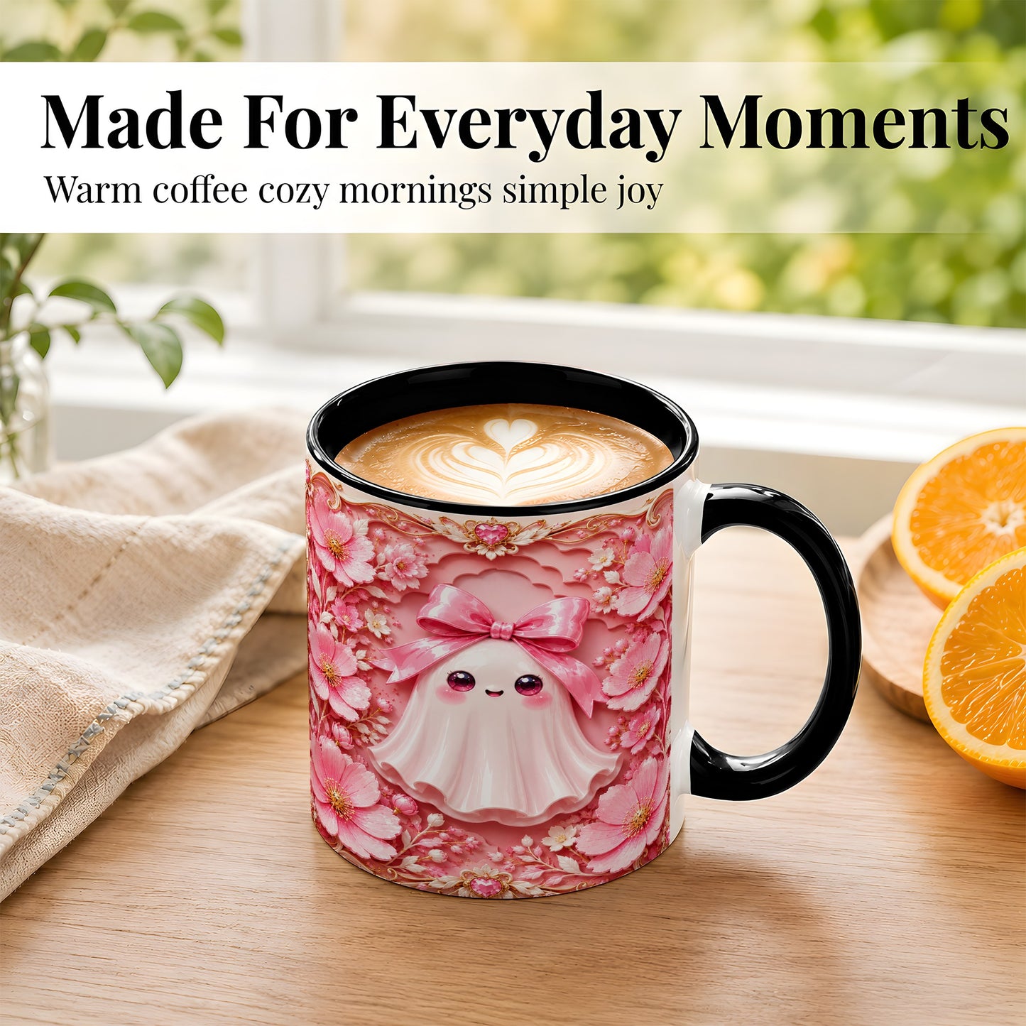 #pl[11oz|Black] Pink Ghost Coffee Mug, Floral Bow Mug, Ceramic Cup with Garden Art