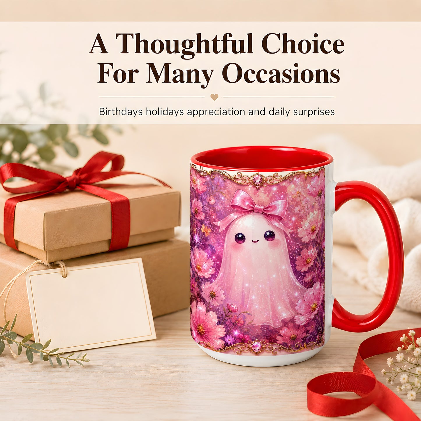 #pl[15oz|Red] Pink Ghost Coffee Mug, Floral Bow Mug, Ceramic Cup with Cosmos Art