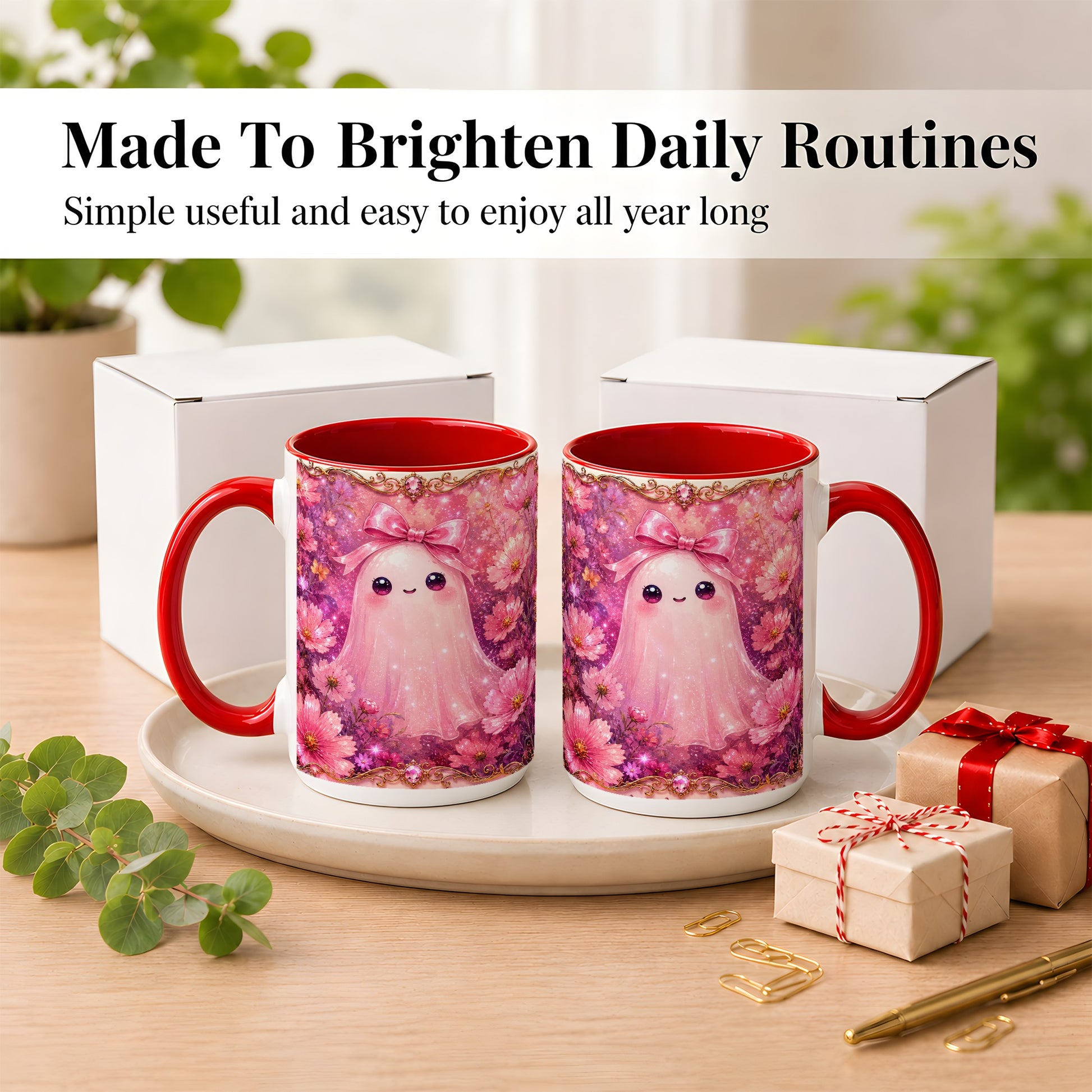 #pl[15oz|Red] Pink Ghost Coffee Mug, Floral Bow Mug, Ceramic Cup with Cosmos Art