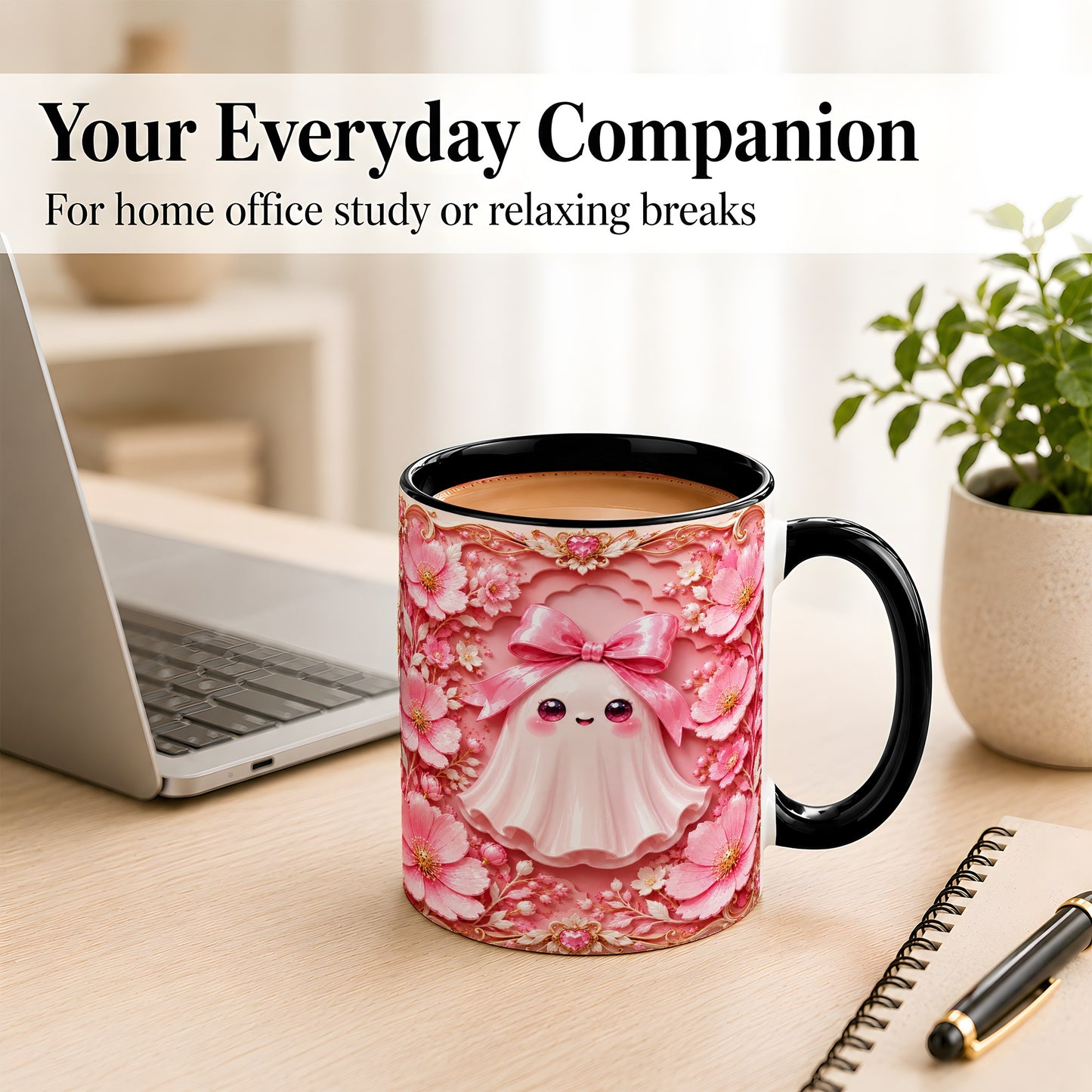 #pl[11oz|Black] Pink Ghost Coffee Mug, Floral Bow Mug, Ceramic Cup with Garden Art