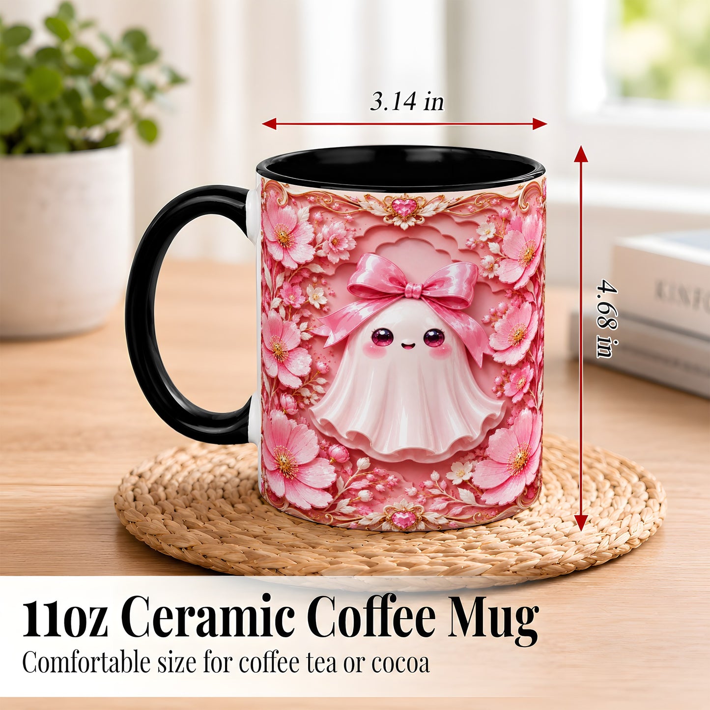 #pl[11oz|Black] Pink Ghost Coffee Mug, Floral Bow Mug, Ceramic Cup with Garden Art