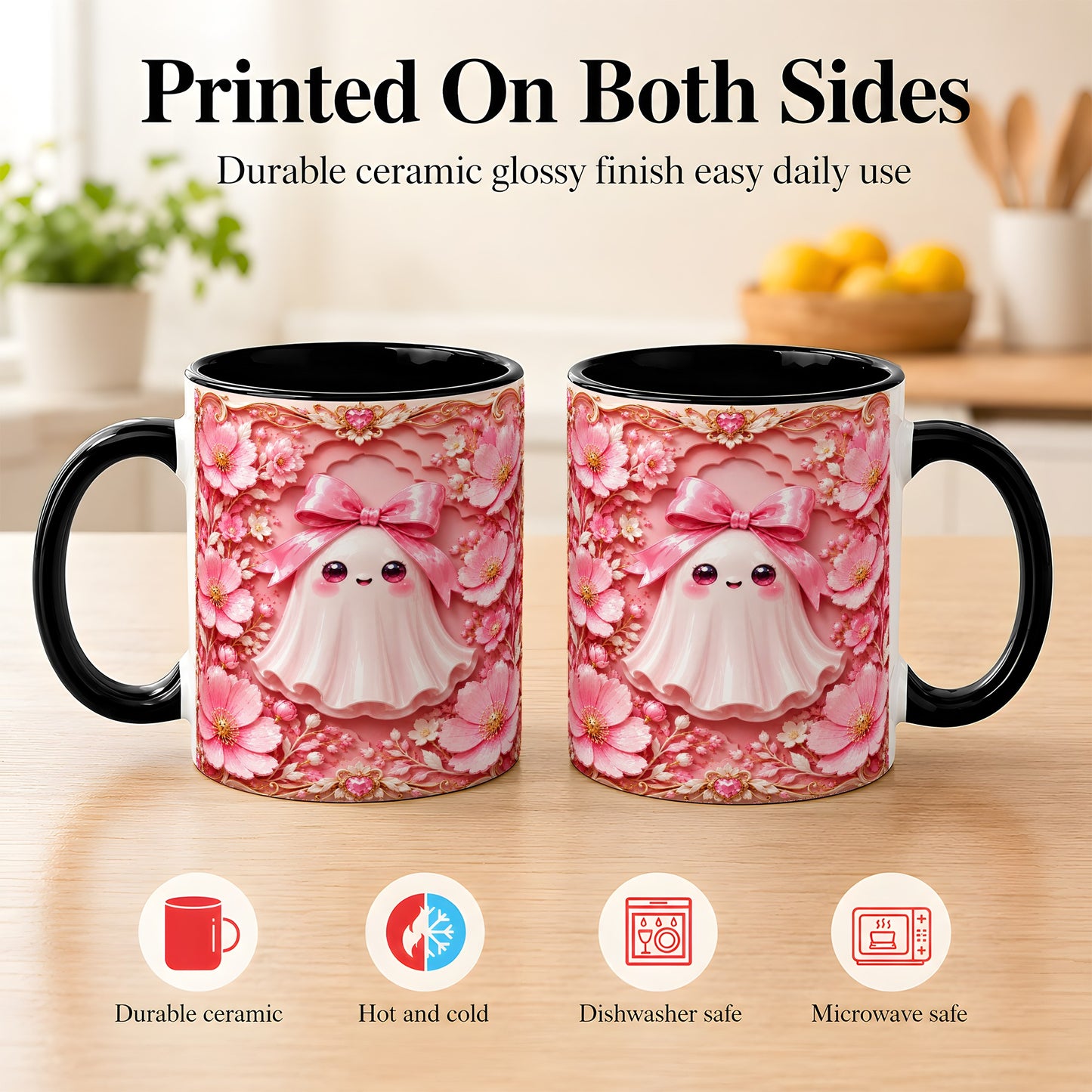 #pl[11oz|Black] Pink Ghost Coffee Mug, Floral Bow Mug, Ceramic Cup with Garden Art