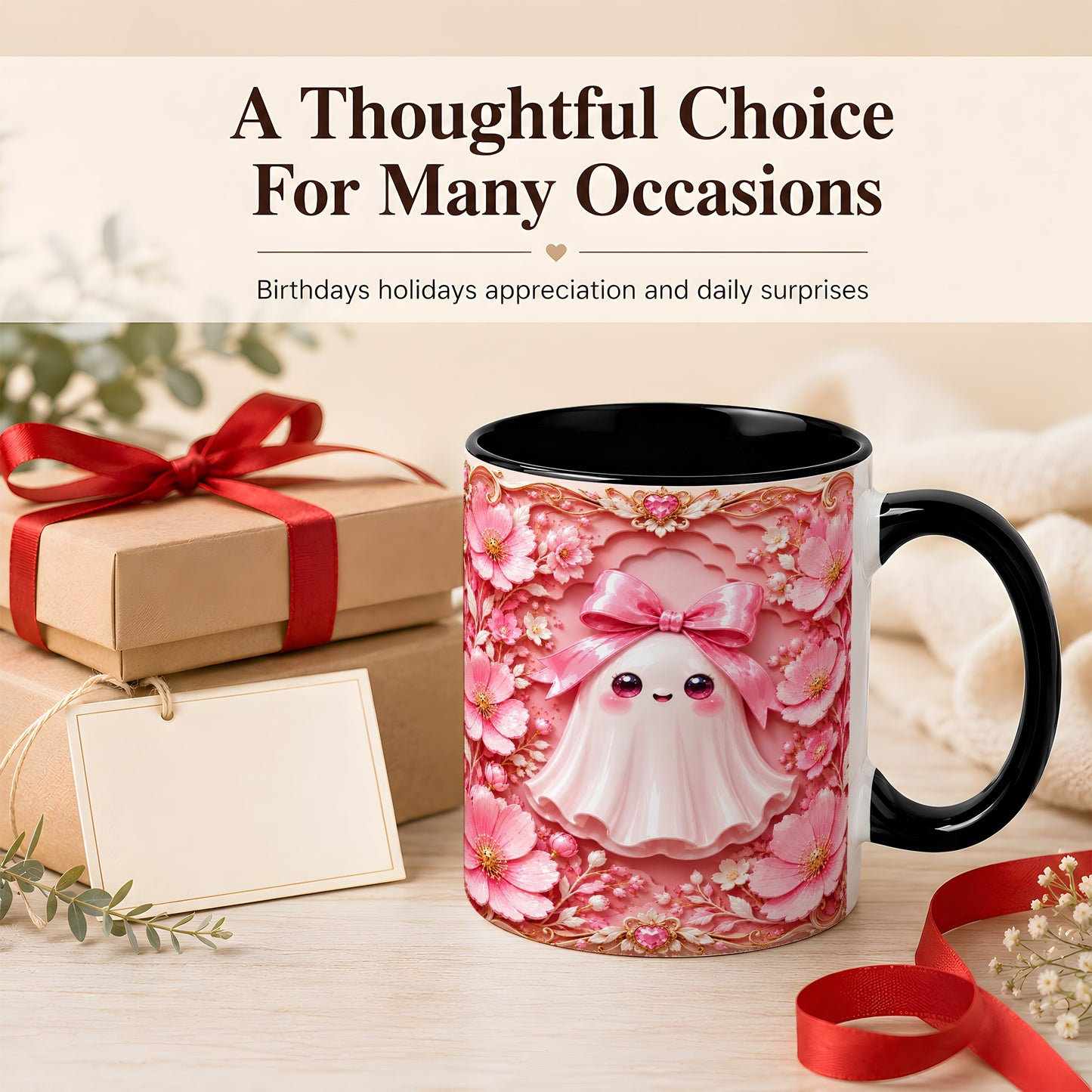 #pl[11oz|Black] Pink Ghost Coffee Mug, Floral Bow Mug, Ceramic Cup with Garden Art