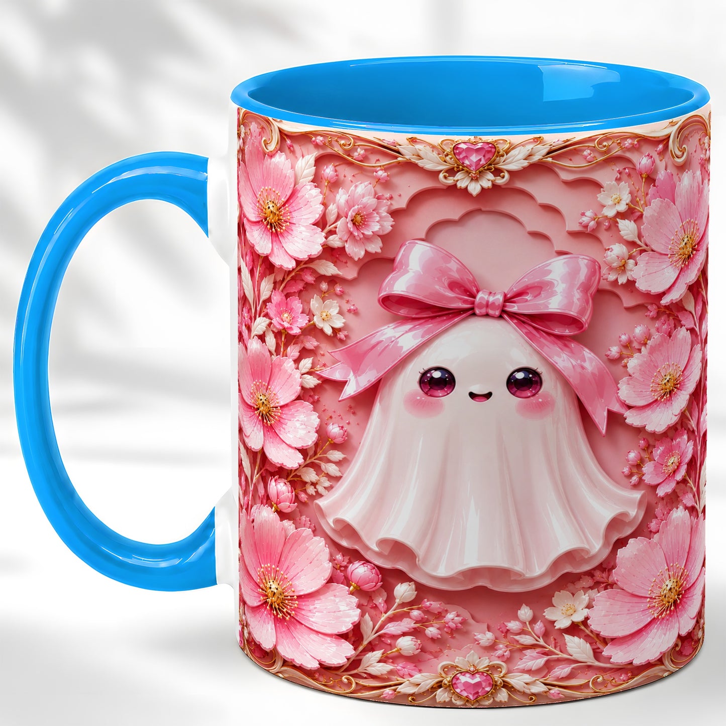 #pl[11oz|Blue] Pink Ghost Coffee Mug, Floral Bow Mug, Ceramic Cup with Garden Art