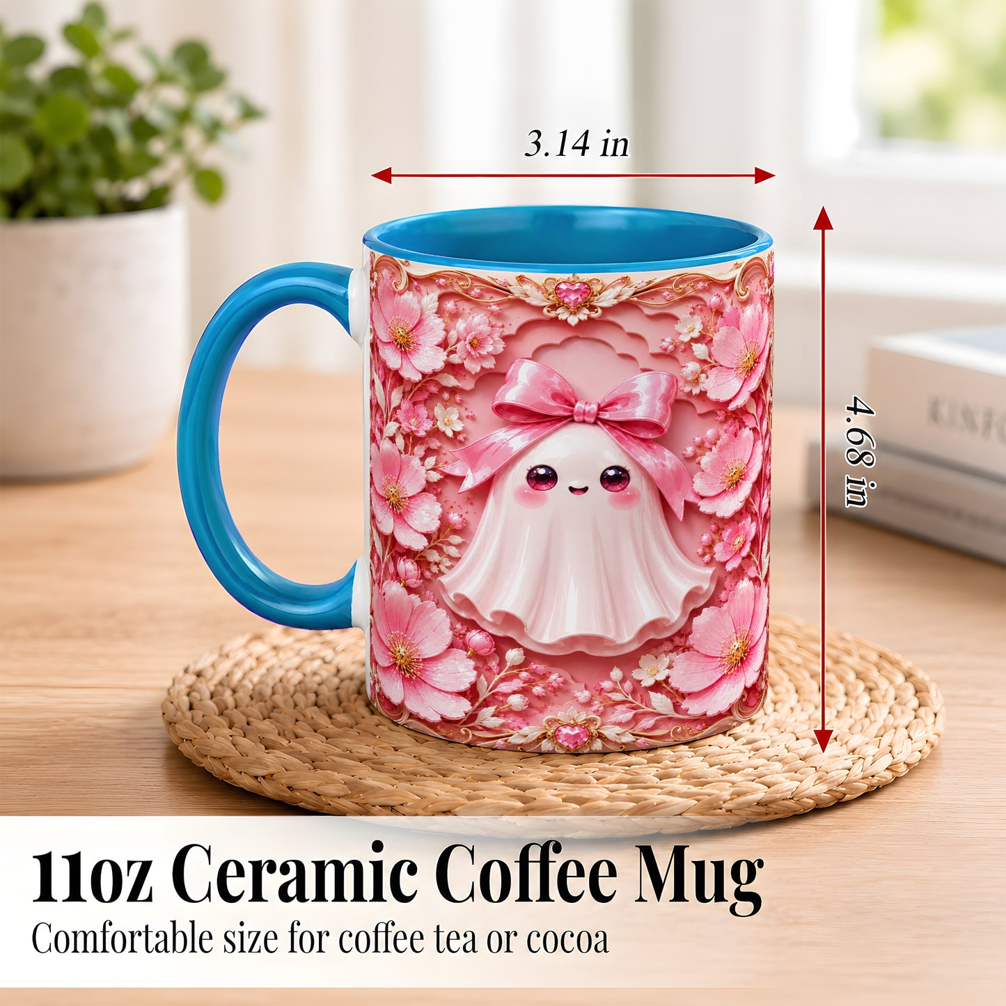 #pl[11oz|Blue] Pink Ghost Coffee Mug, Floral Bow Mug, Ceramic Cup with Garden Art