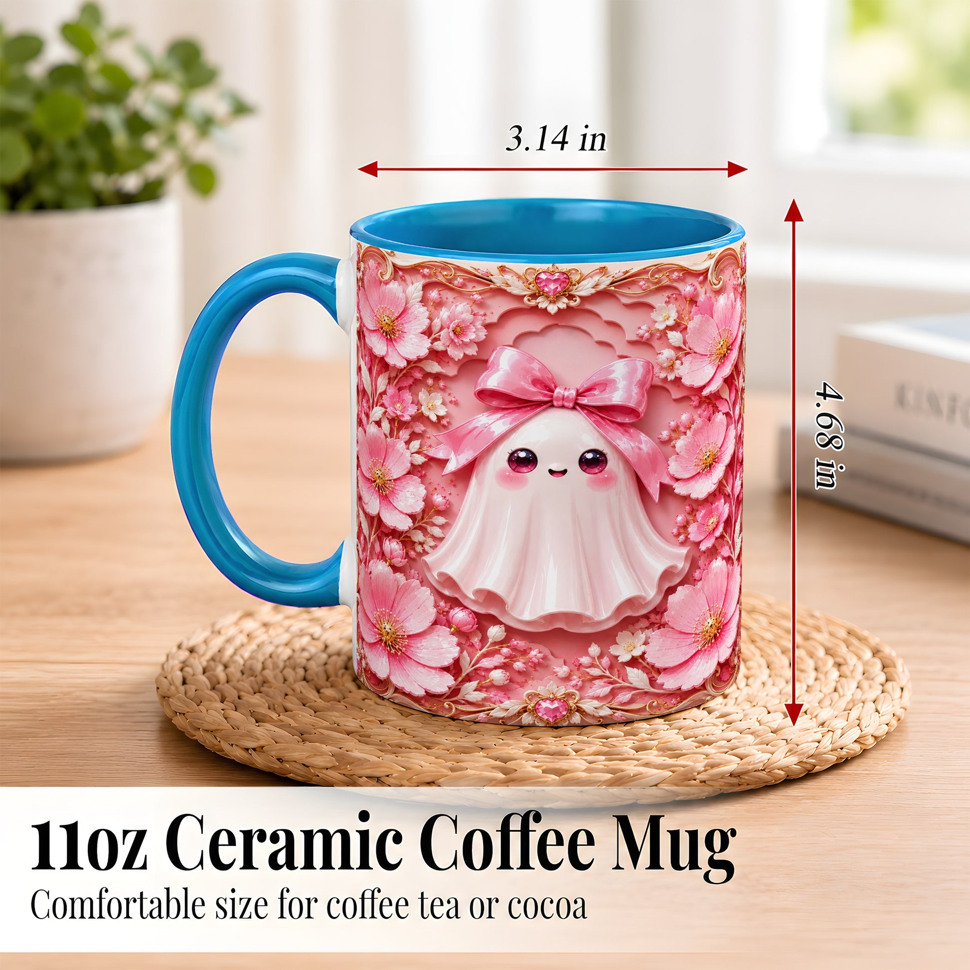 #pl[11oz|Blue] Pink Ghost Coffee Mug, Floral Bow Mug, Ceramic Cup with Garden Art