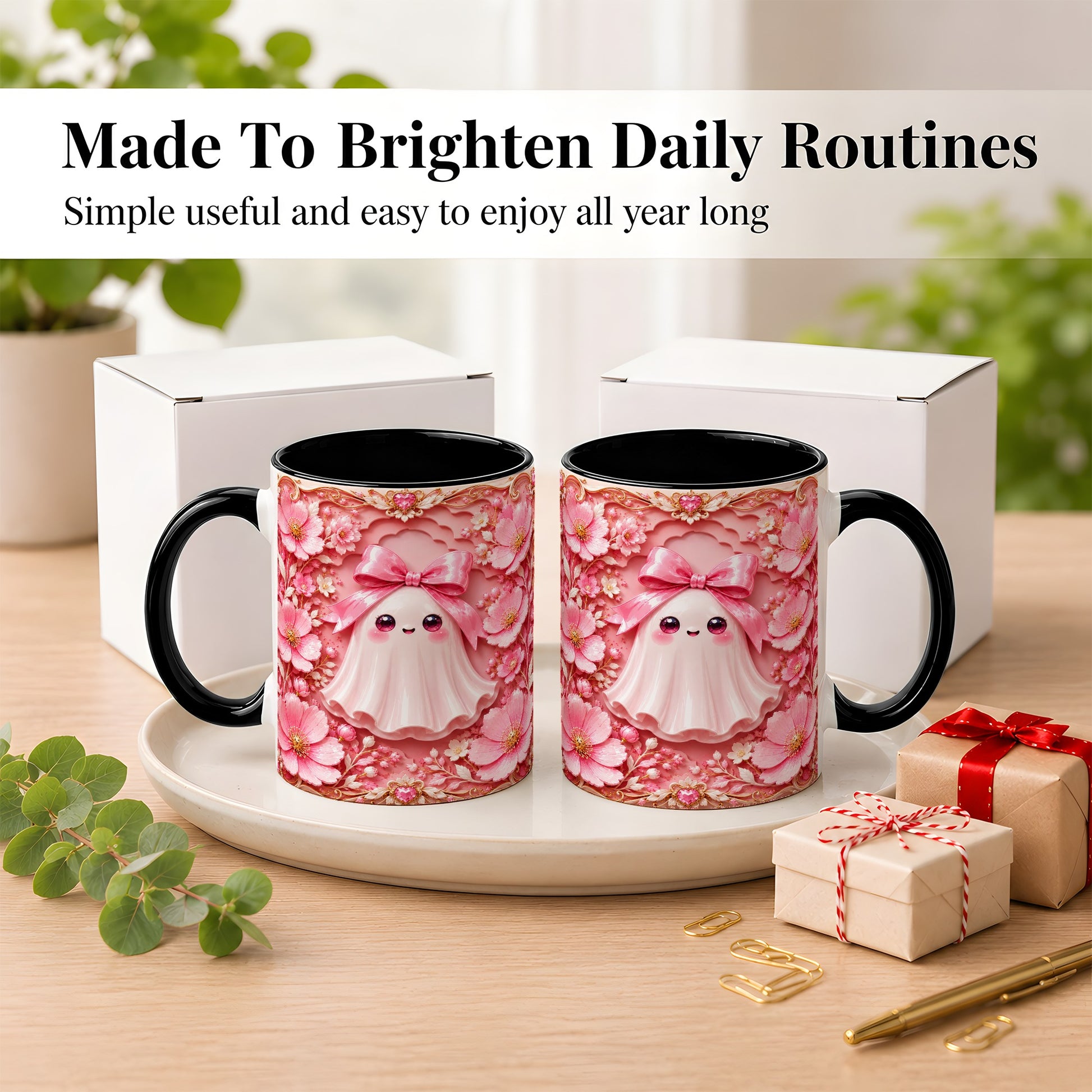 #pl[11oz|Black] Pink Ghost Coffee Mug, Floral Bow Mug, Ceramic Cup with Garden Art