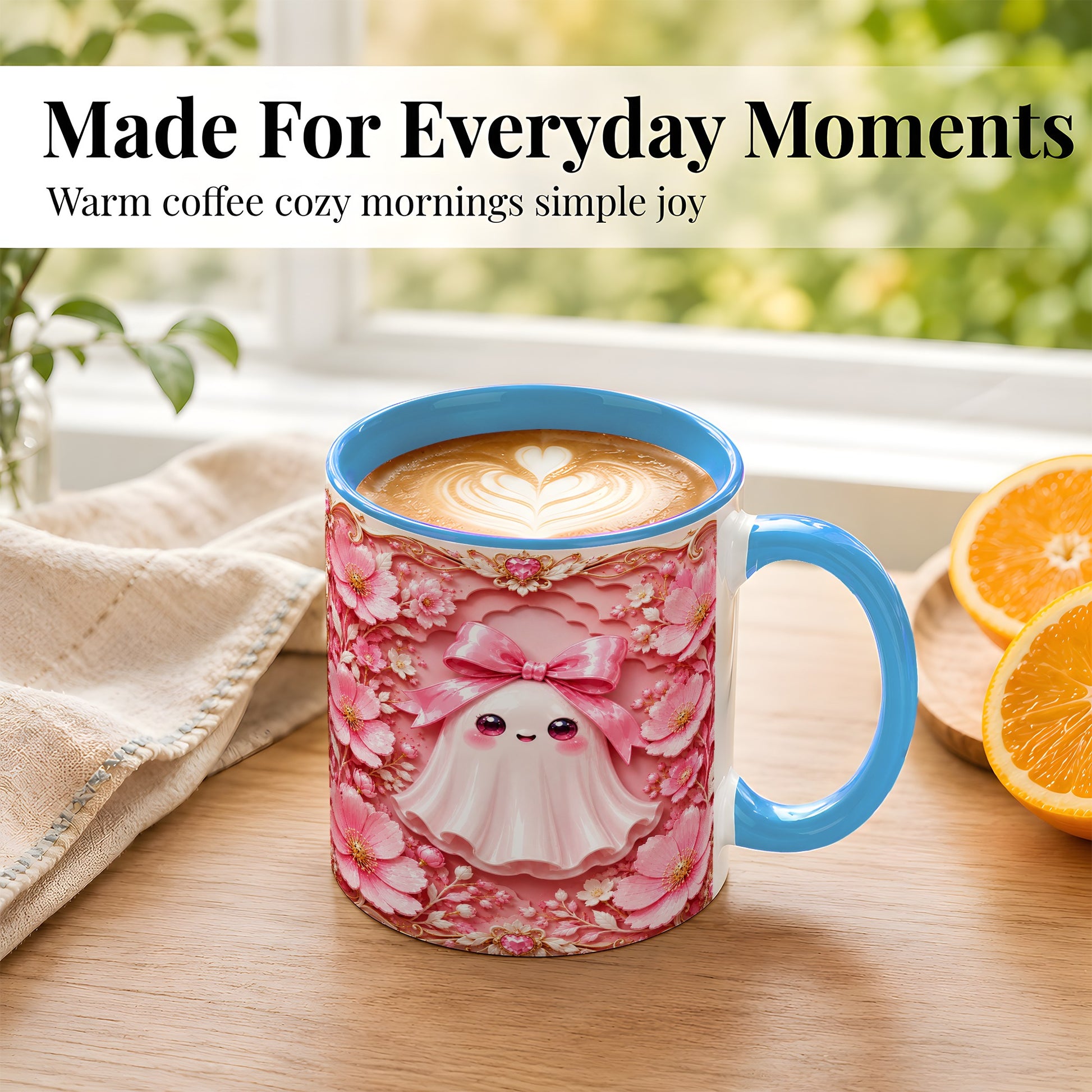 #pl[11oz|Blue] Pink Ghost Coffee Mug, Floral Bow Mug, Ceramic Cup with Garden Art