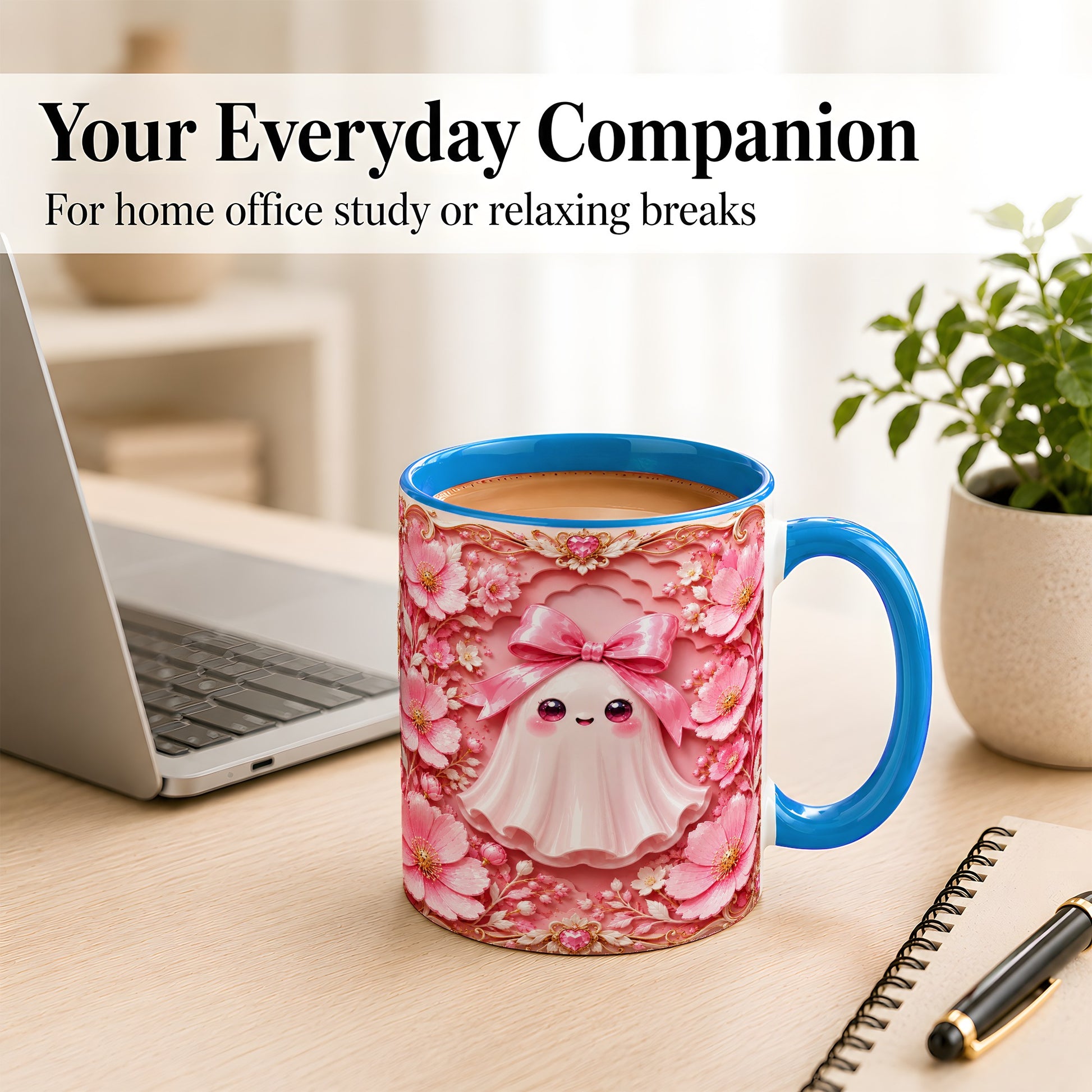 #pl[11oz|Blue] Pink Ghost Coffee Mug, Floral Bow Mug, Ceramic Cup with Garden Art