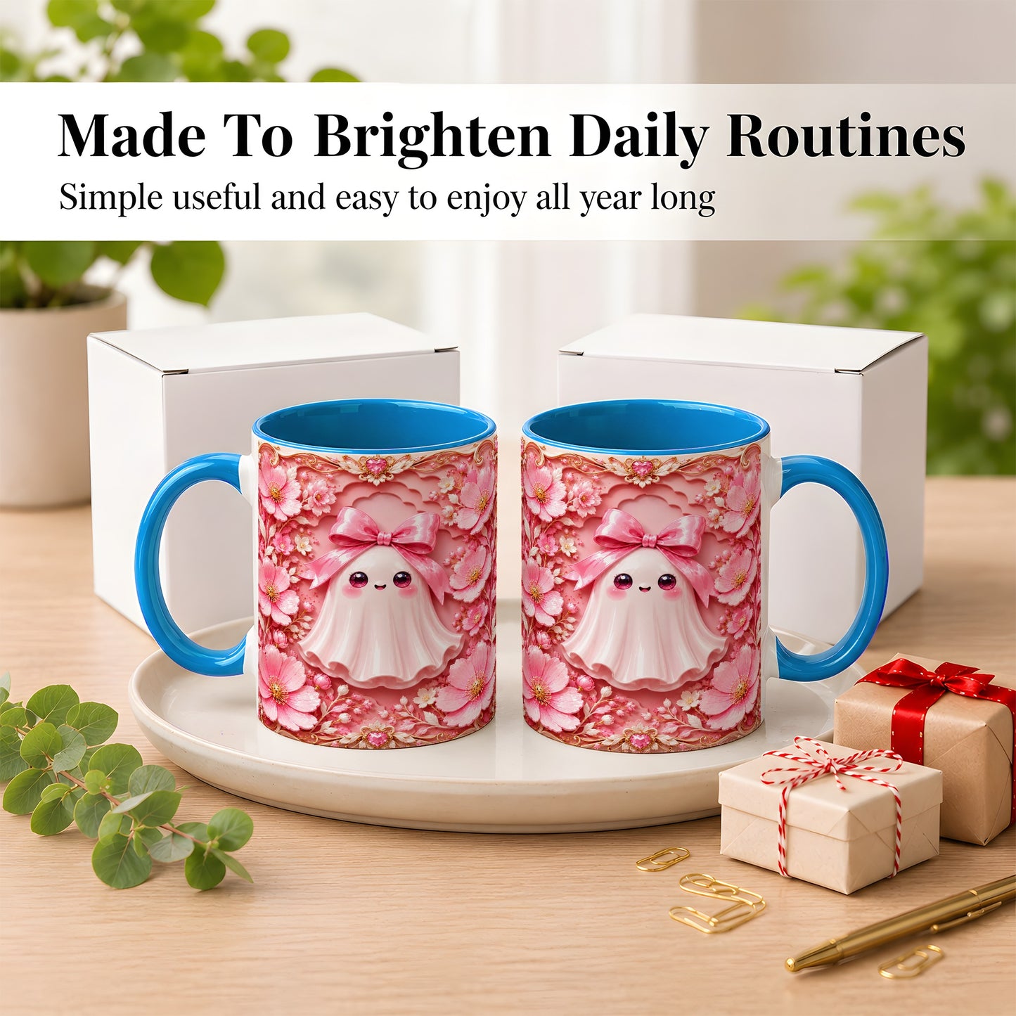 #pl[11oz|Blue] Pink Ghost Coffee Mug, Floral Bow Mug, Ceramic Cup with Garden Art
