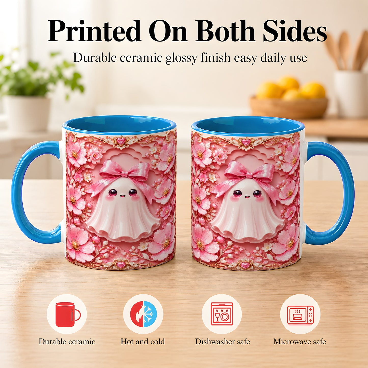 #pl[11oz|Blue] Pink Ghost Coffee Mug, Floral Bow Mug, Ceramic Cup with Garden Art