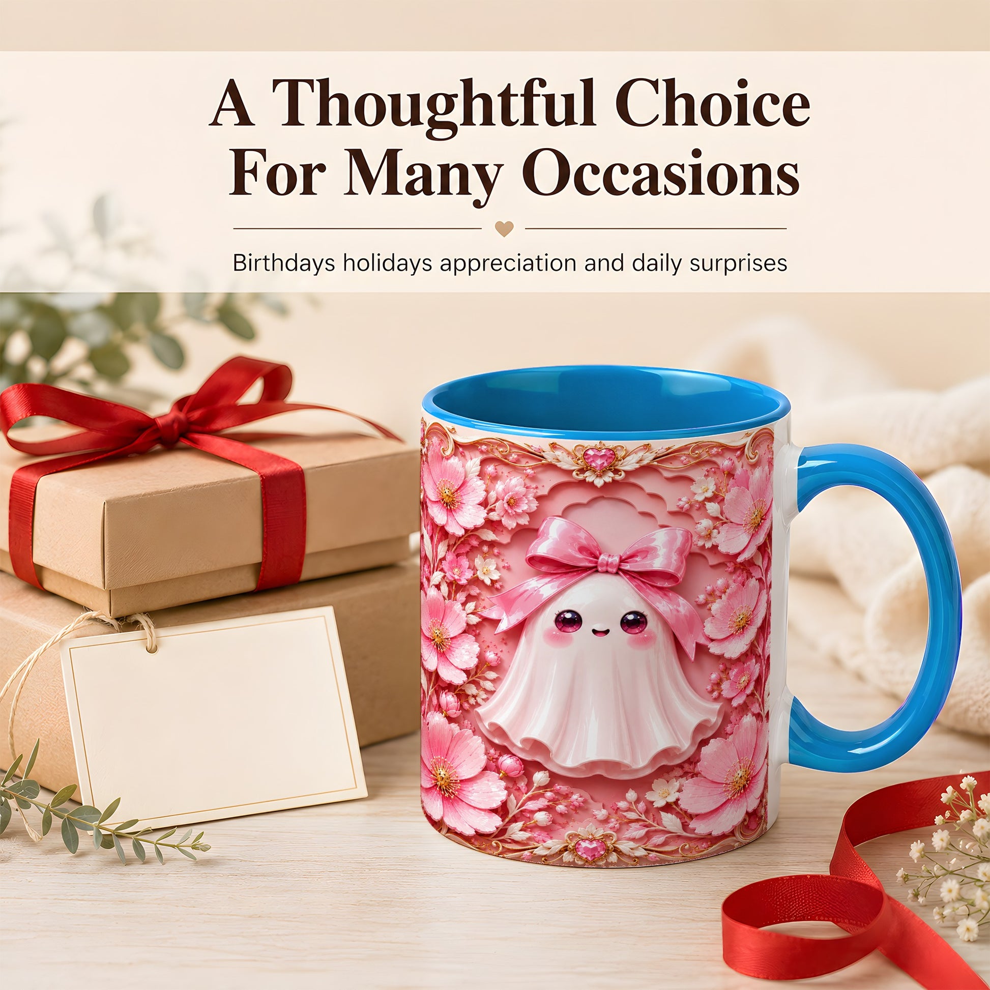 #pl[11oz|Blue] Pink Ghost Coffee Mug, Floral Bow Mug, Ceramic Cup with Garden Art