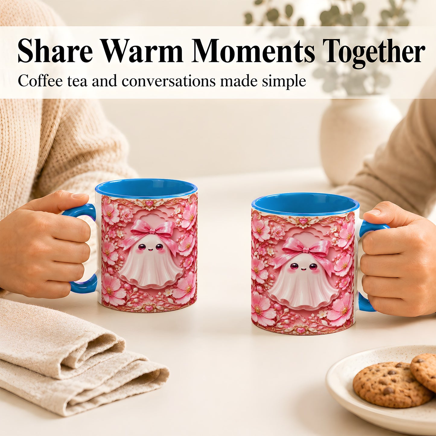 #pl[11oz|Blue] Pink Ghost Coffee Mug, Floral Bow Mug, Ceramic Cup with Garden Art
