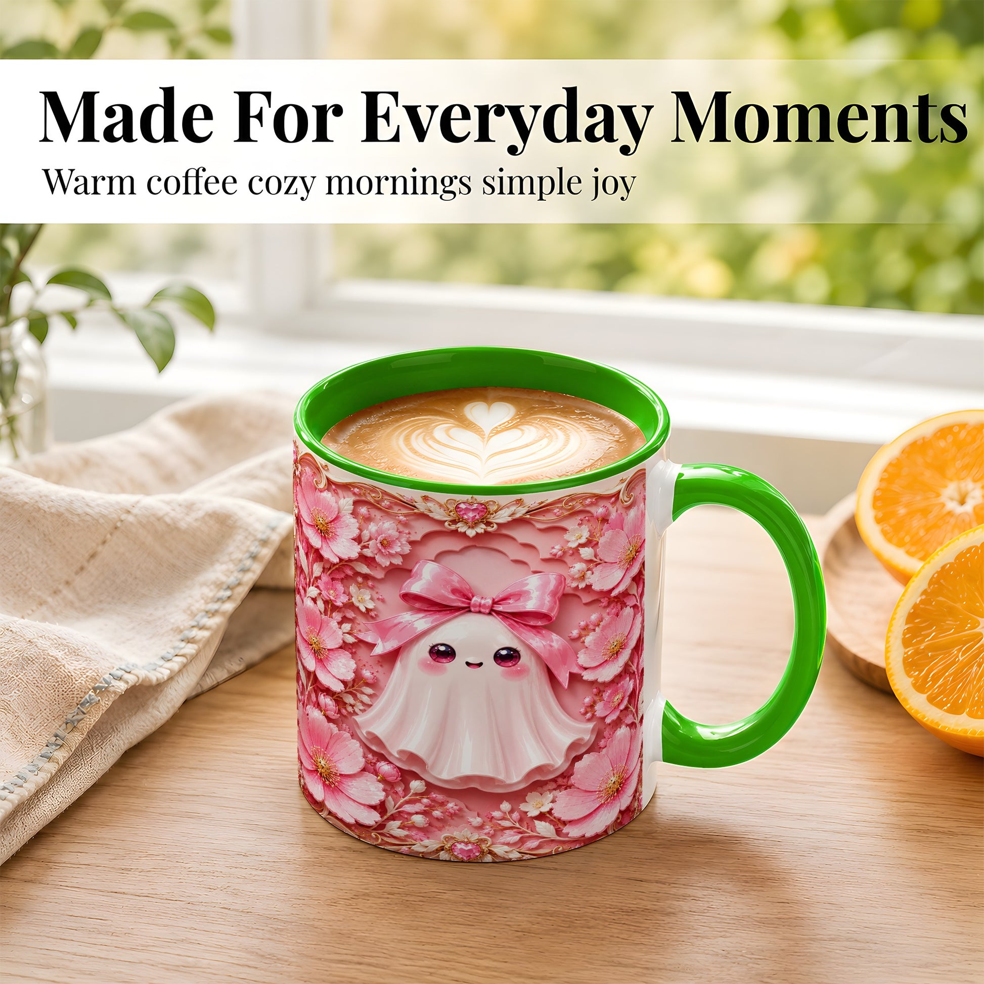 #pl[11oz|Green] Pink Ghost Coffee Mug, Floral Bow Mug, Ceramic Cup with Garden Art