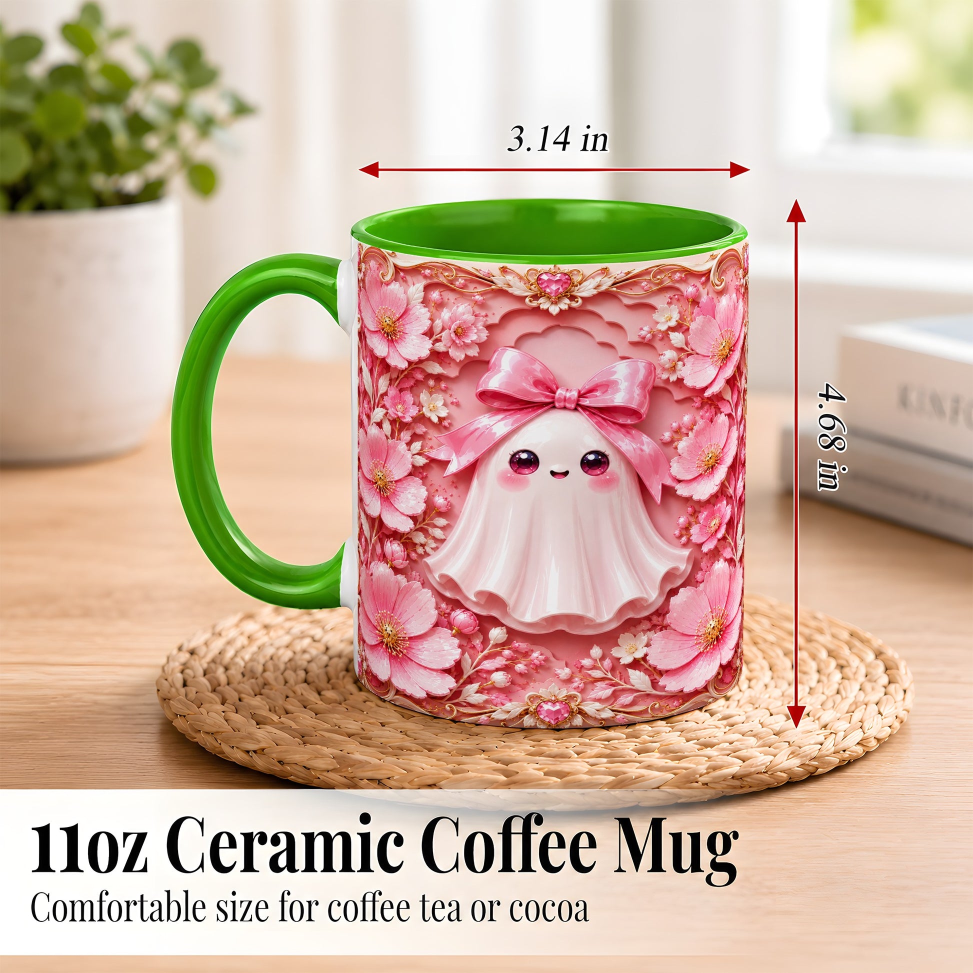 #pl[11oz|Green] Pink Ghost Coffee Mug, Floral Bow Mug, Ceramic Cup with Garden Art