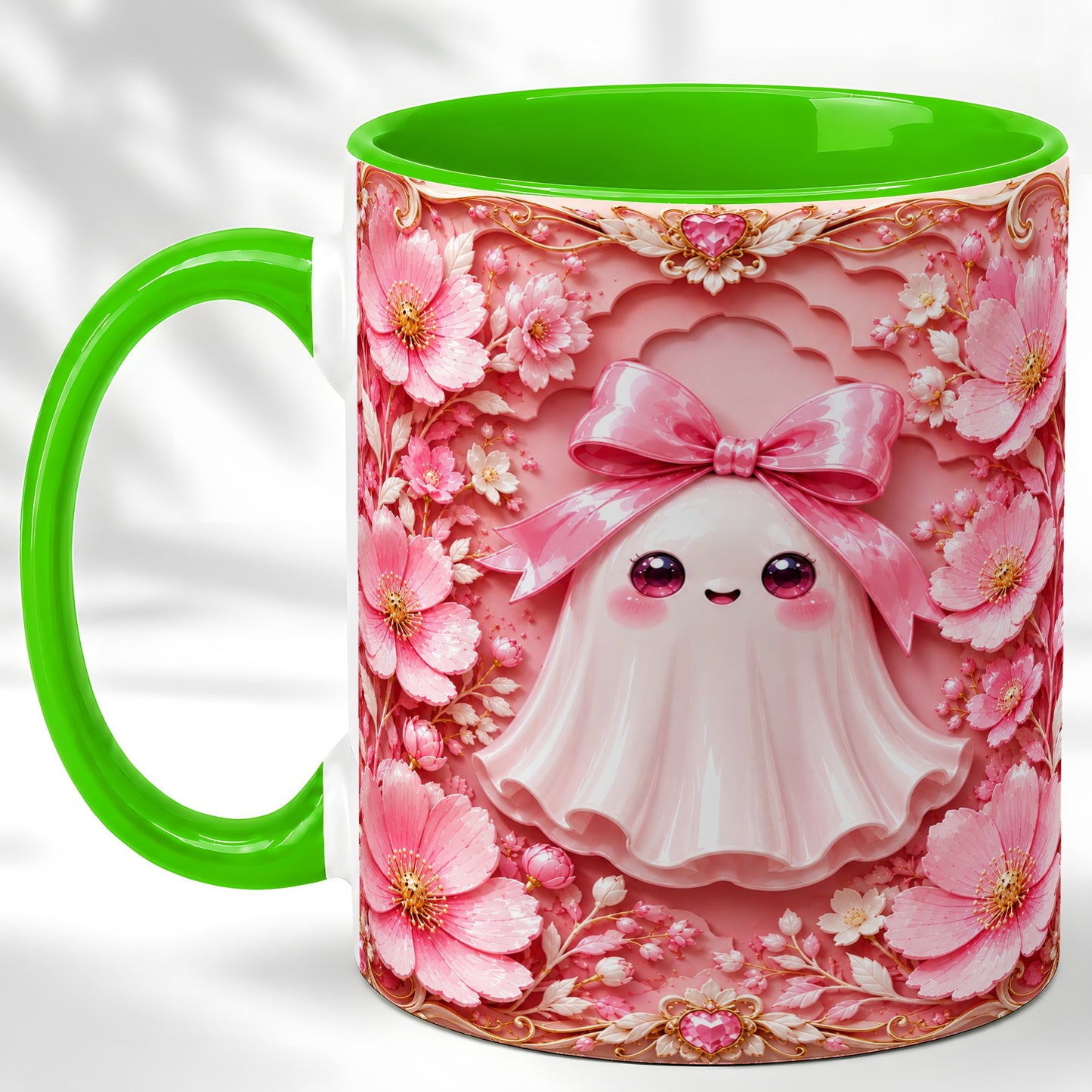 #pl[11oz|Green] Pink Ghost Coffee Mug, Floral Bow Mug, Ceramic Cup with Garden Art