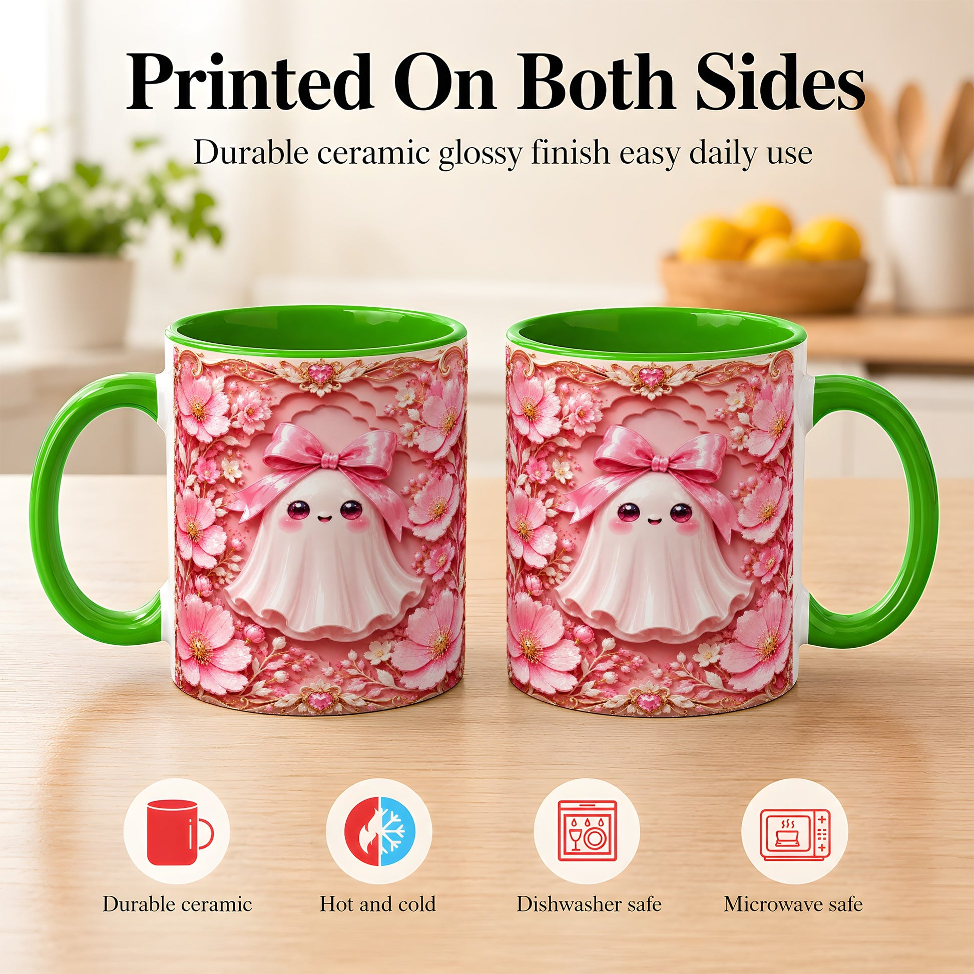 #pl[11oz|Green] Pink Ghost Coffee Mug, Floral Bow Mug, Ceramic Cup with Garden Art