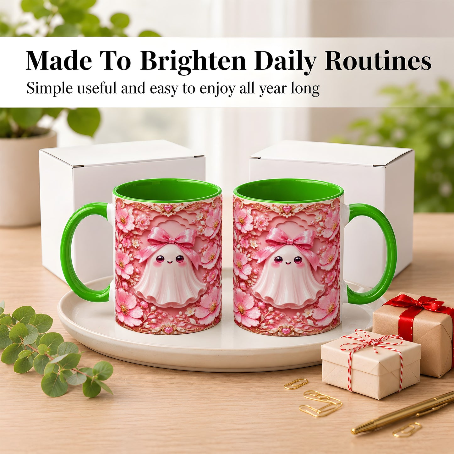 #pl[11oz|Green] Pink Ghost Coffee Mug, Floral Bow Mug, Ceramic Cup with Garden Art