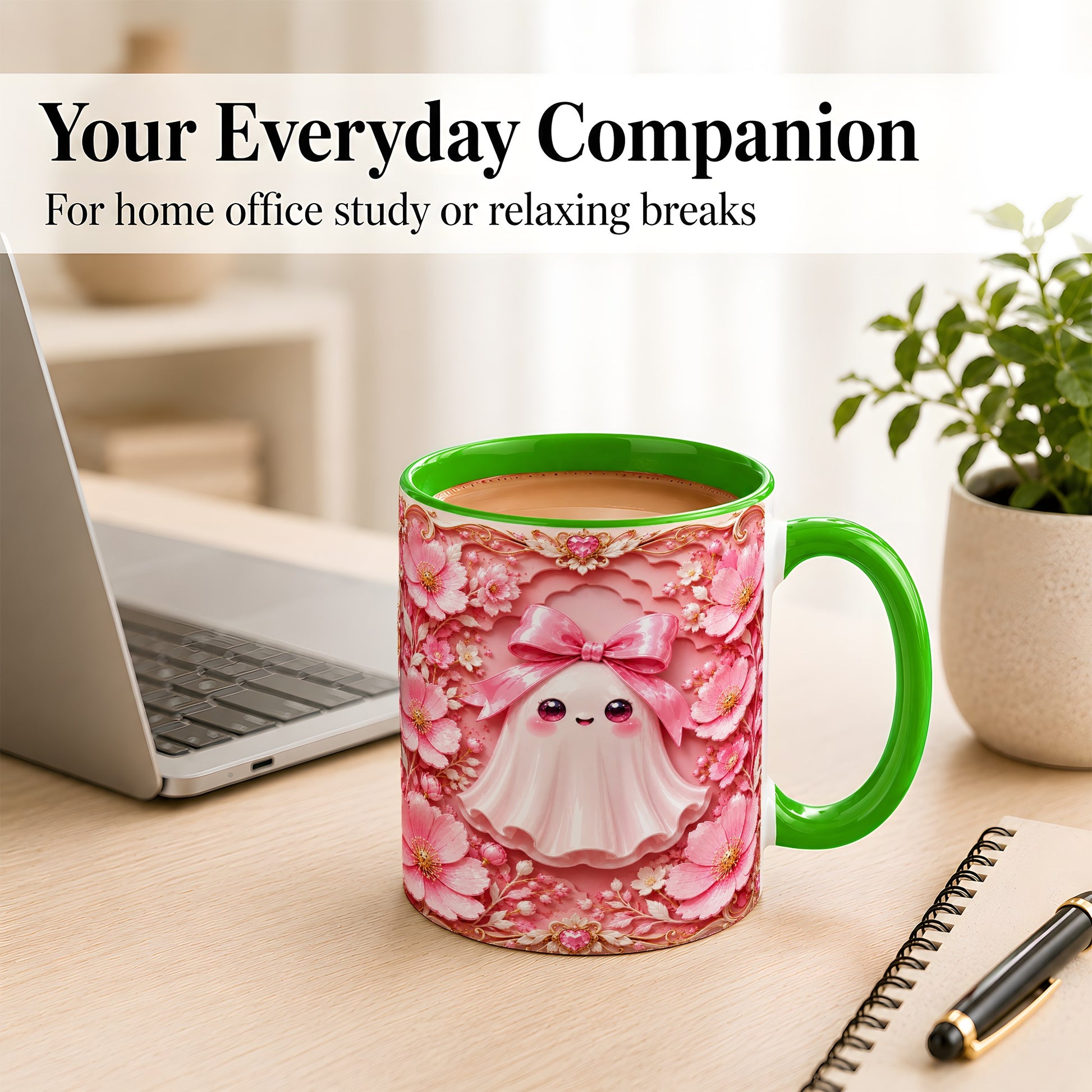 #pl[11oz|Green] Pink Ghost Coffee Mug, Floral Bow Mug, Ceramic Cup with Garden Art