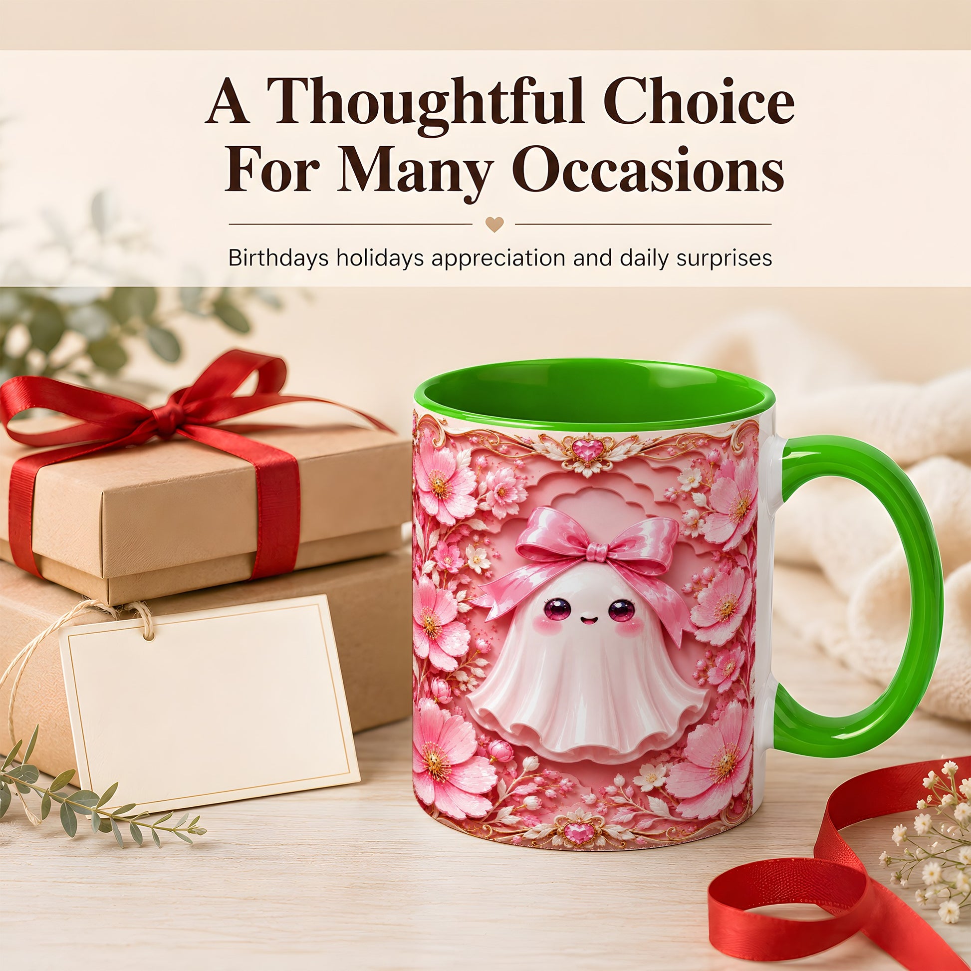 #pl[11oz|Green] Pink Ghost Coffee Mug, Floral Bow Mug, Ceramic Cup with Garden Art