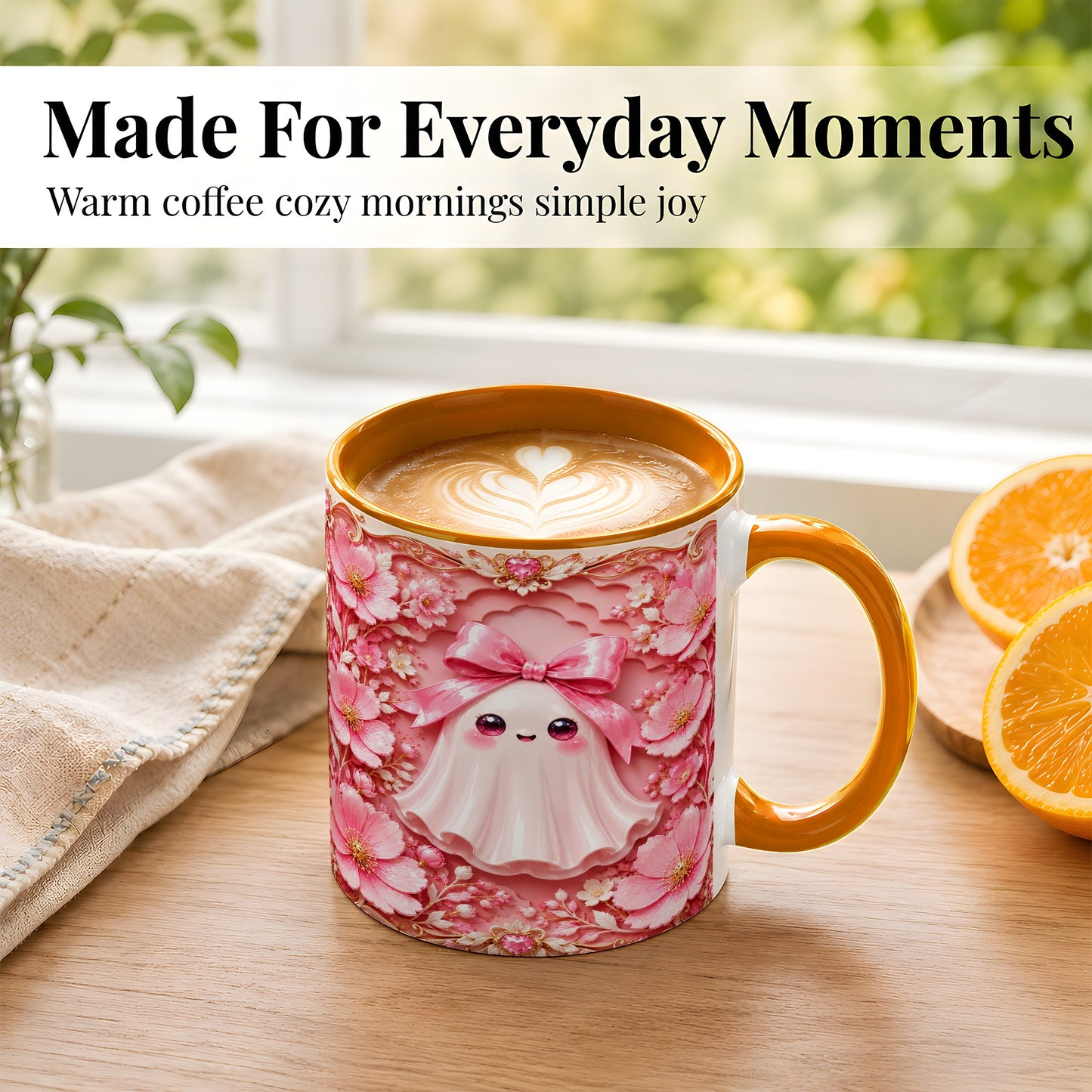 #pl[11oz|Orange] Pink Ghost Coffee Mug, Floral Bow Mug, Ceramic Cup with Garden Art