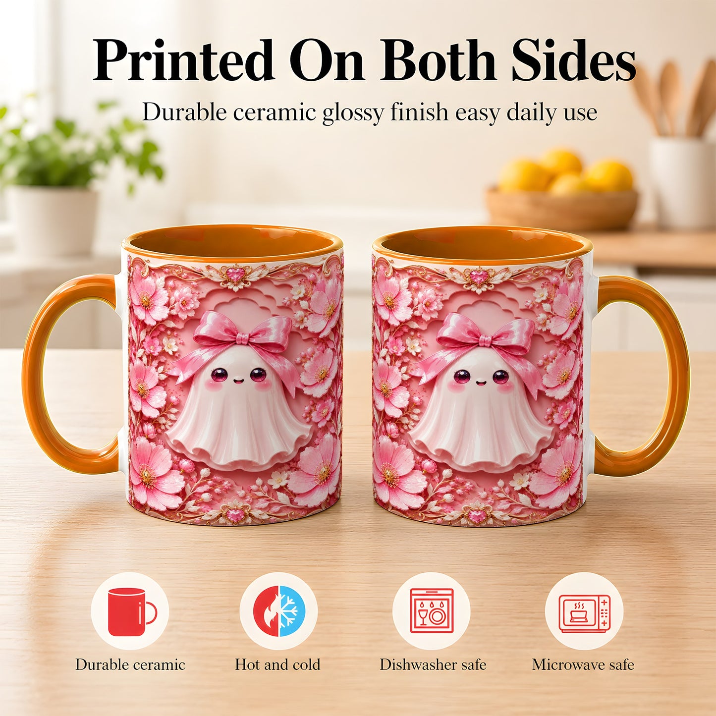 #pl[11oz|Orange] Pink Ghost Coffee Mug, Floral Bow Mug, Ceramic Cup with Garden Art