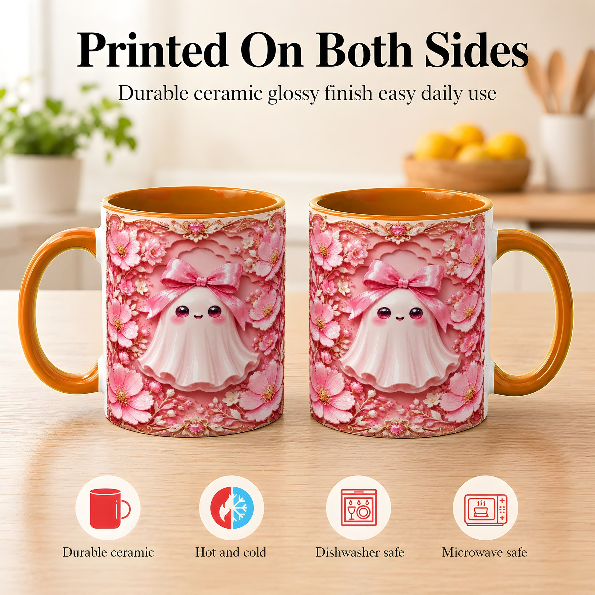 #pl[11oz|Orange] Pink Ghost Coffee Mug, Floral Bow Mug, Ceramic Cup with Garden Art