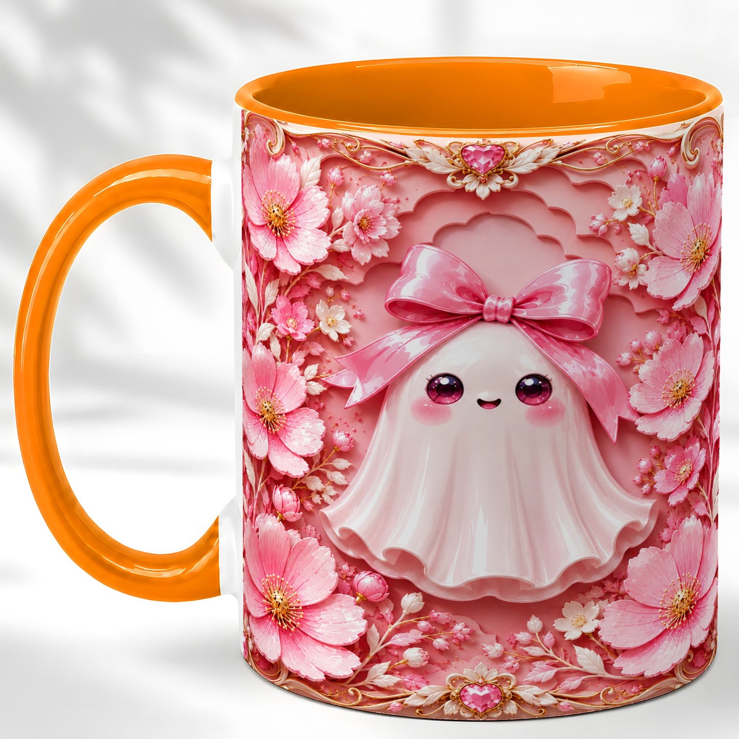 #pl[11oz|Orange] Pink Ghost Coffee Mug, Floral Bow Mug, Ceramic Cup with Garden Art