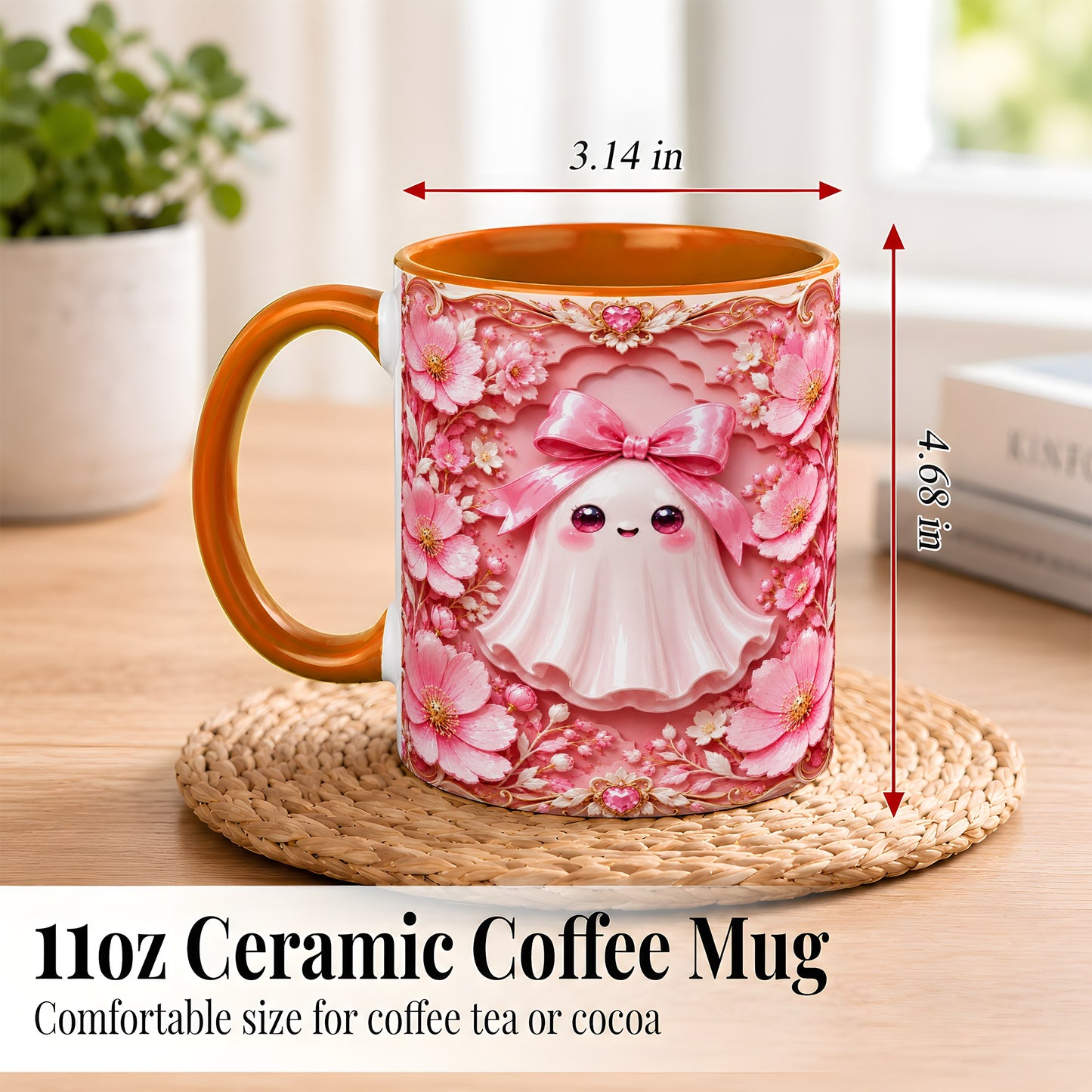 #pl[11oz|Orange] Pink Ghost Coffee Mug, Floral Bow Mug, Ceramic Cup with Garden Art