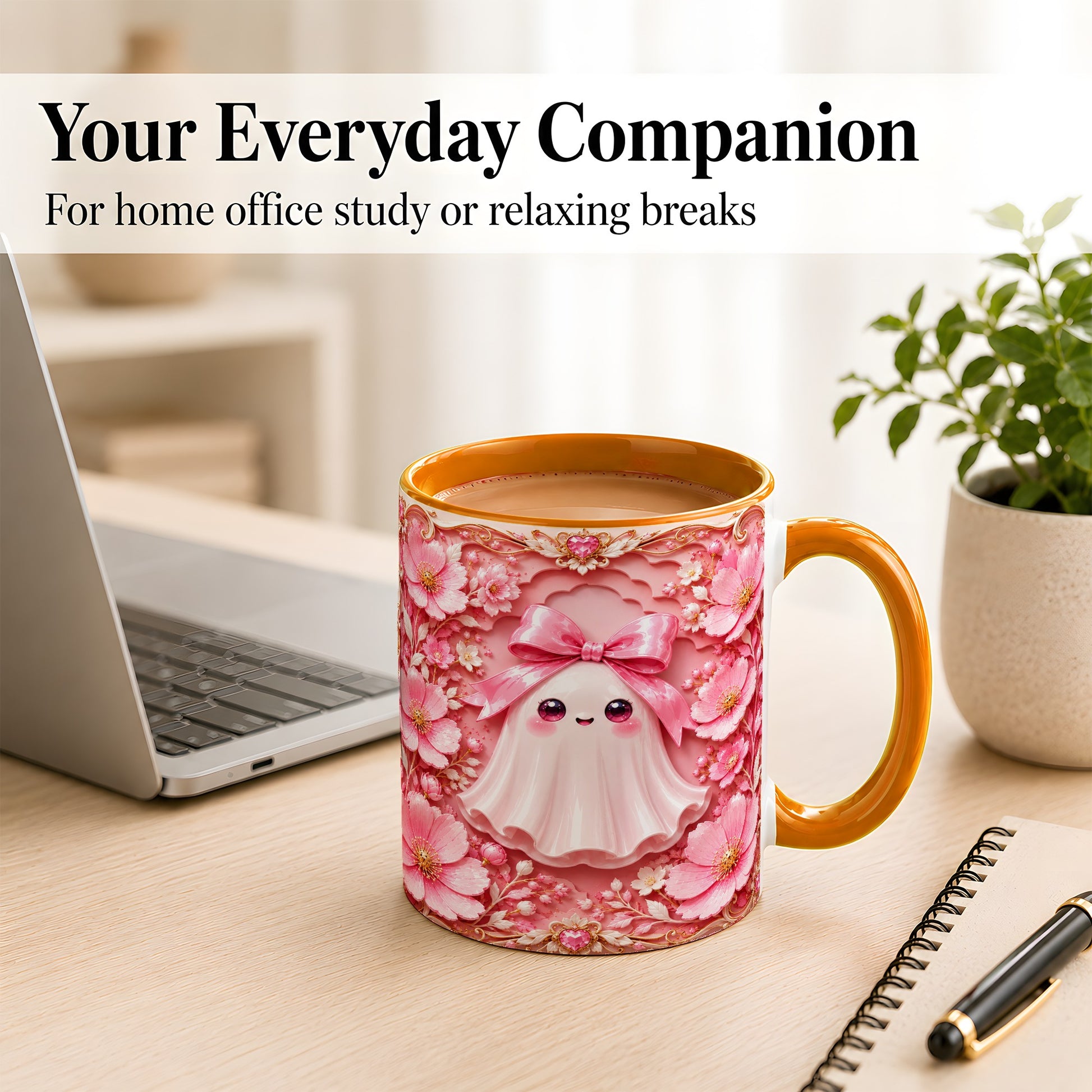 #pl[11oz|Orange] Pink Ghost Coffee Mug, Floral Bow Mug, Ceramic Cup with Garden Art