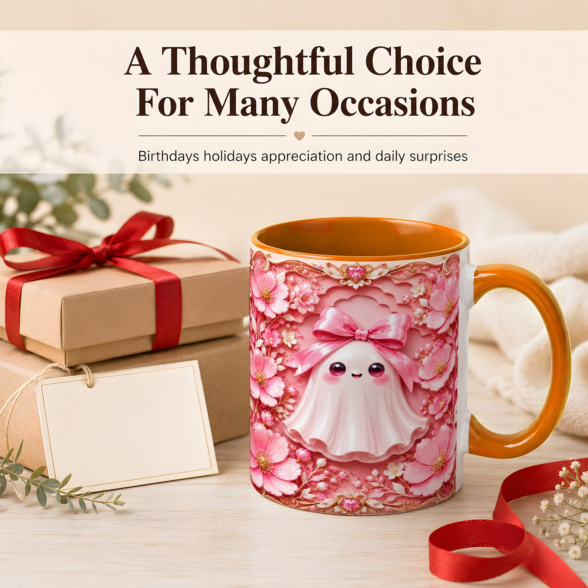 #pl[11oz|Orange] Pink Ghost Coffee Mug, Floral Bow Mug, Ceramic Cup with Garden Art